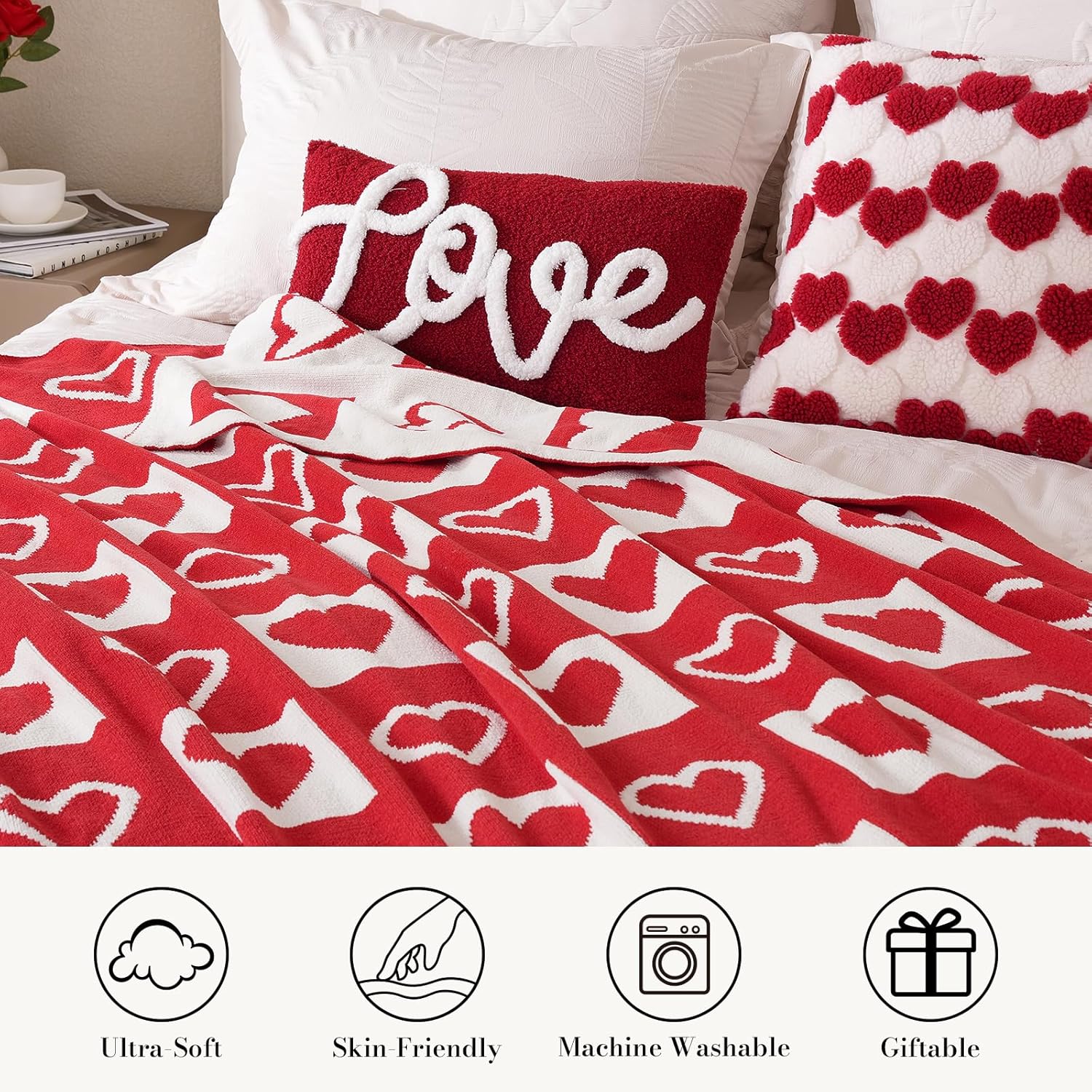 Amelie Home SuperCozy Jacquard Knit Chenille Throw Blanket, Heartful Aesthetic Gift for Valentine's Day, Easter Day & Mother's Day, 50"x60", Red/White Heart Checkerboard - Image 4