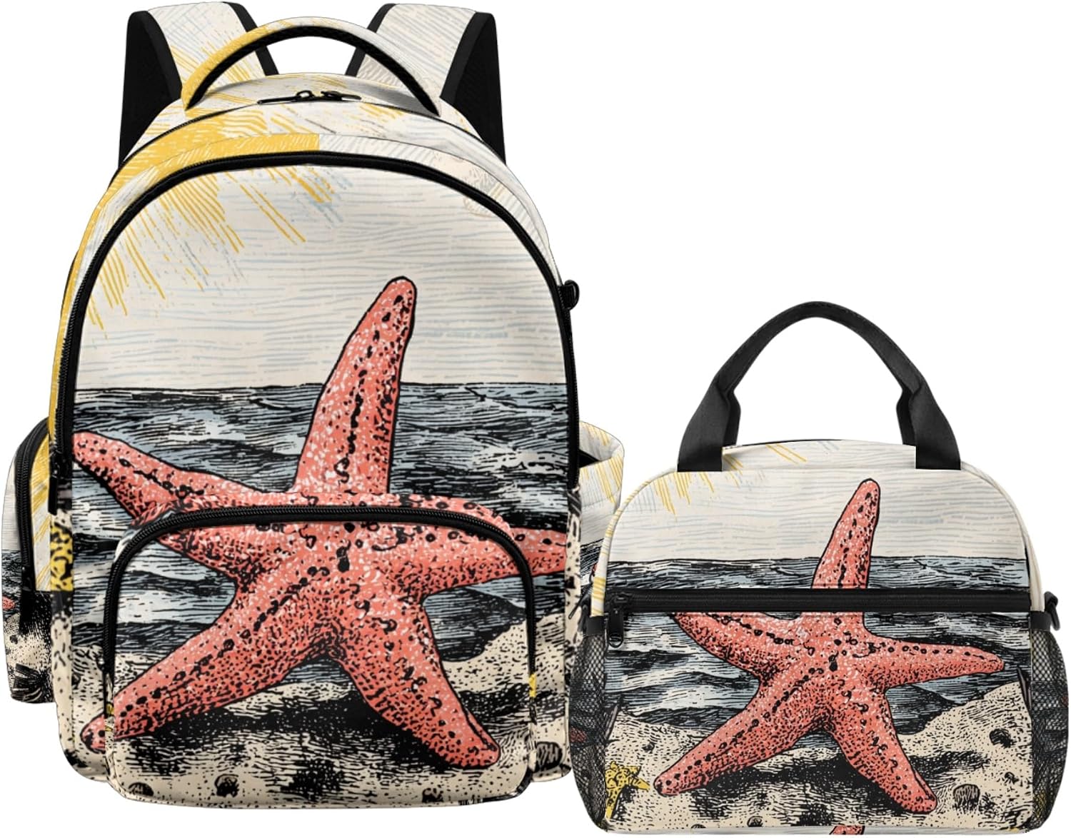 Amzbeauty Boys Girls Animal Backpack For School Starfish Print Elementary Student 17 Inch Large Durable Bookbags With Insulated Lunch Box