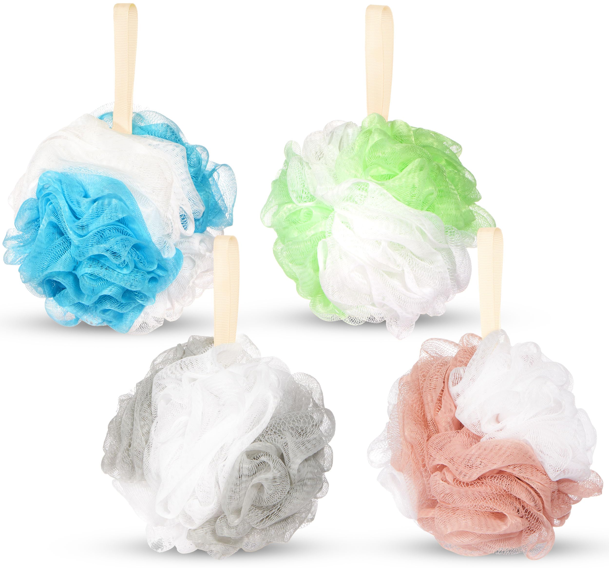 BRUBAKER 4-Piece Bath Sponge Set - 1.76 oz Exfoliating and Massage Shower Loofahs - Gentle Scrub Sponges for Bathing - Pink, Brown, Blue, and Gray,