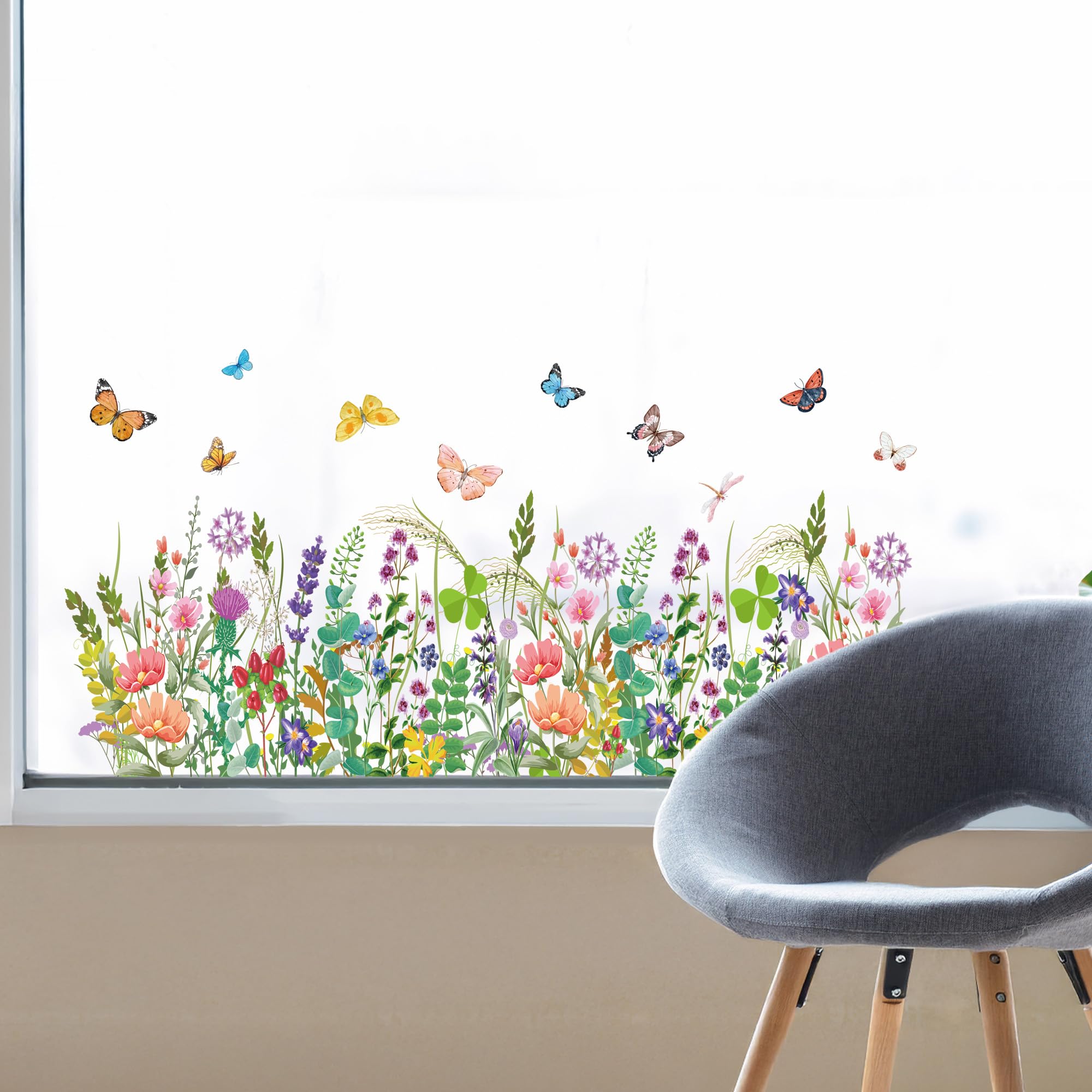 Joeyan Spring Summer Flowers Window Stickers, Wildflowers Butterfly Window Clings Double Sided Static Anti-Collision Glass Floral Windows Decals Decor for Garden Classroom Kitchen Office Living Room