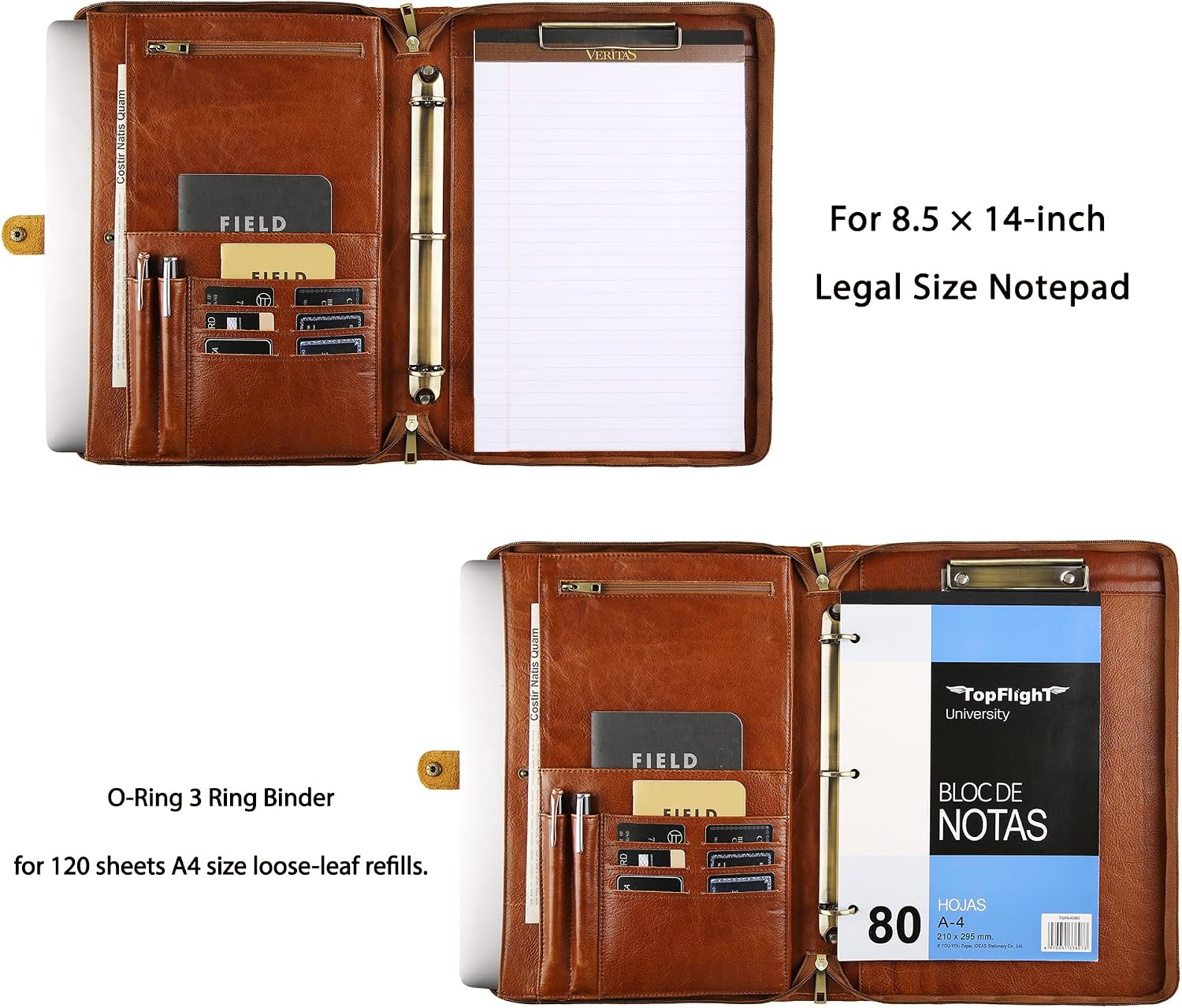 Personalized Padfolio for Men, 8.5 × 14” Legal Size Portfolio Organizer, Leather Binder 3 Ring, Leather Clipboard for Women, Leather Portfolio with Handle for 15-inch Laptop（Non-Custom, Oil-Brown) image 3