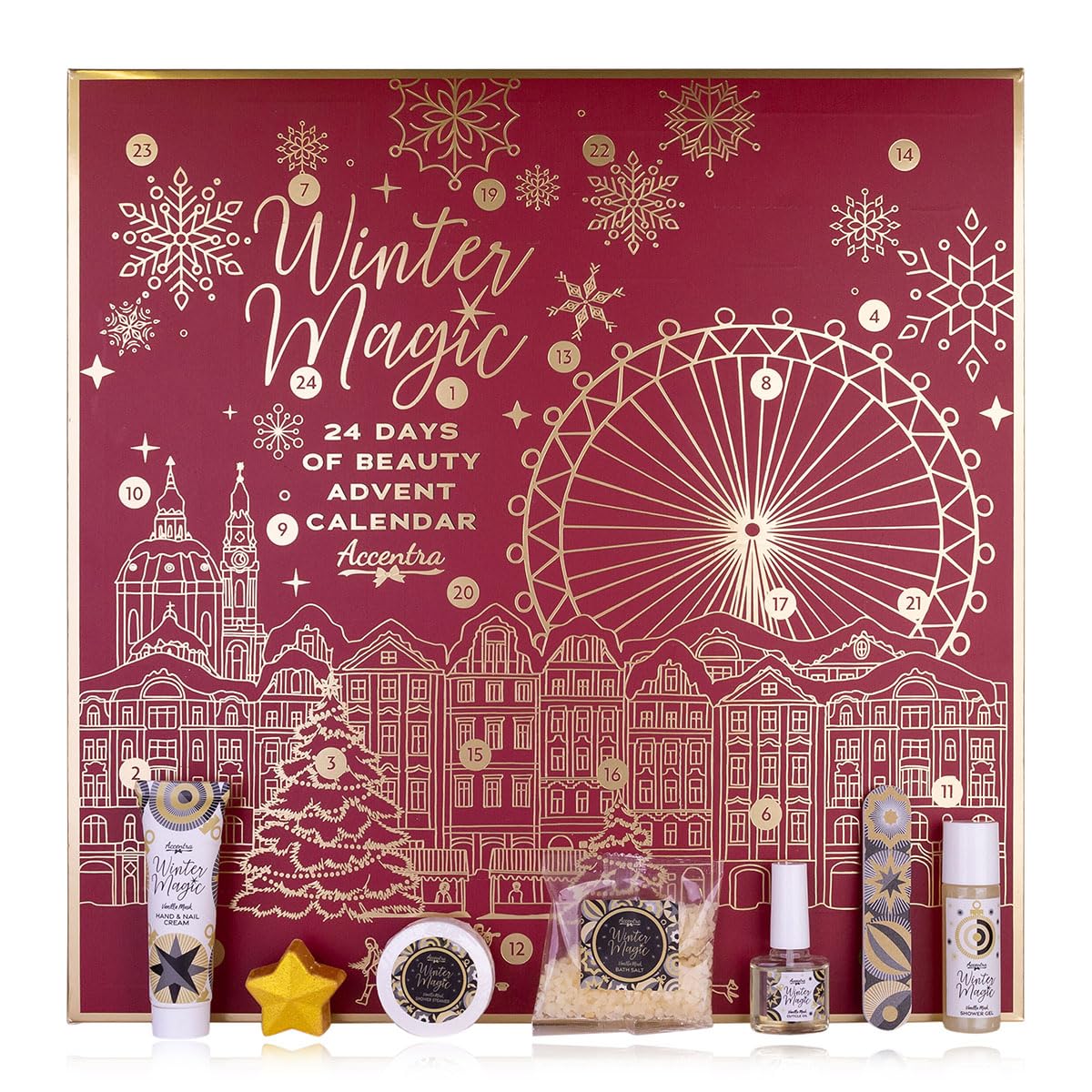 Accentra – Adventskalender Beauty 2025 mit 24 Wellness & Körperpflege Produkten – SPA Pflege Adventskalender Frauen mit Bodylotion, Badesalz, Seife, Duschbombe Duftkerze uvm. – Weihnachtskalender