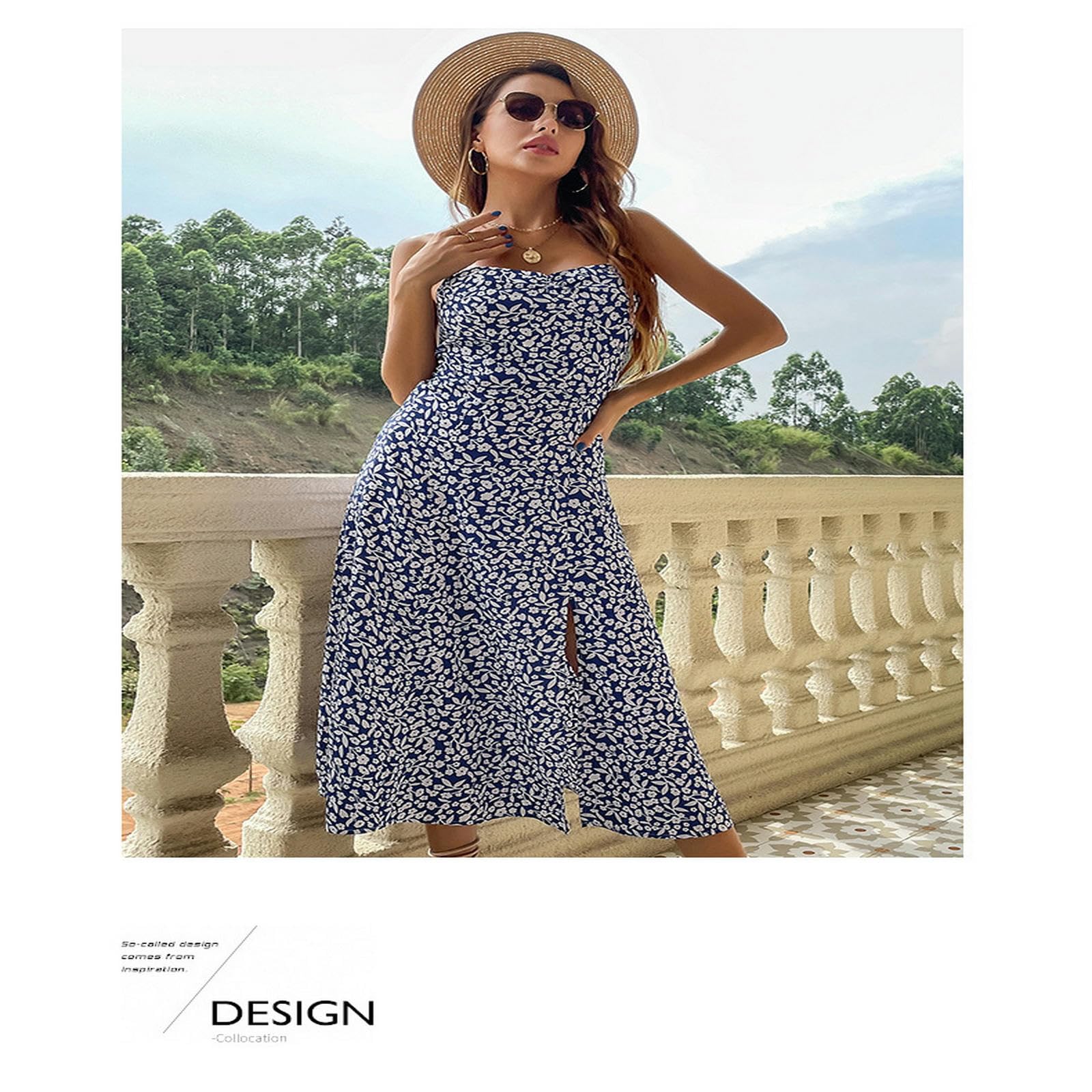 Dresses - Vestido midi bohemio para mujer, con lazo en los hombros, sin mangas, estampado floral, abertura en el muslo, color azul YYEFNMAZ