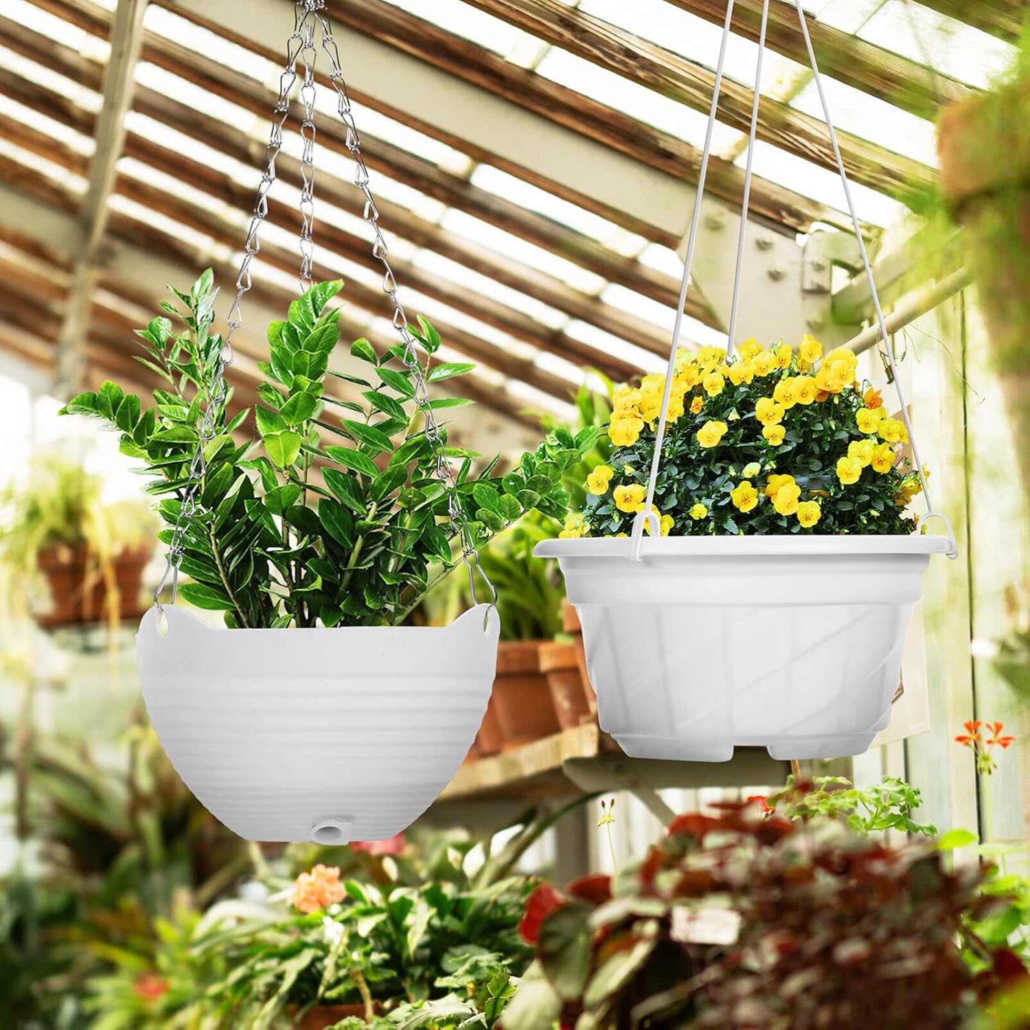 YARNOW 8 Pcs Hanging Planters Hanging Flower Pots Planter Pots with Hanging Chain (4 Pcs Plastic Style 6.7 Inch, 4 Pcs Metal Style 7.8 Inch)