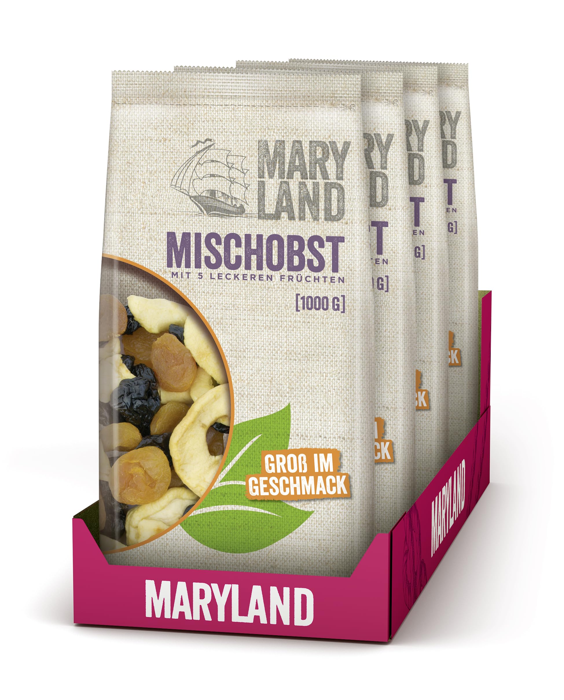 Maryland Mischobst 4 x 1kg Vorratspackung – Mit getrockneten Apfelringen, Pflaumen, Aprikosen, Birnen und Pfirsichen im Großbeutel – Veganes Trockenobst, perfekt zum Snacken (4 x 1kg)