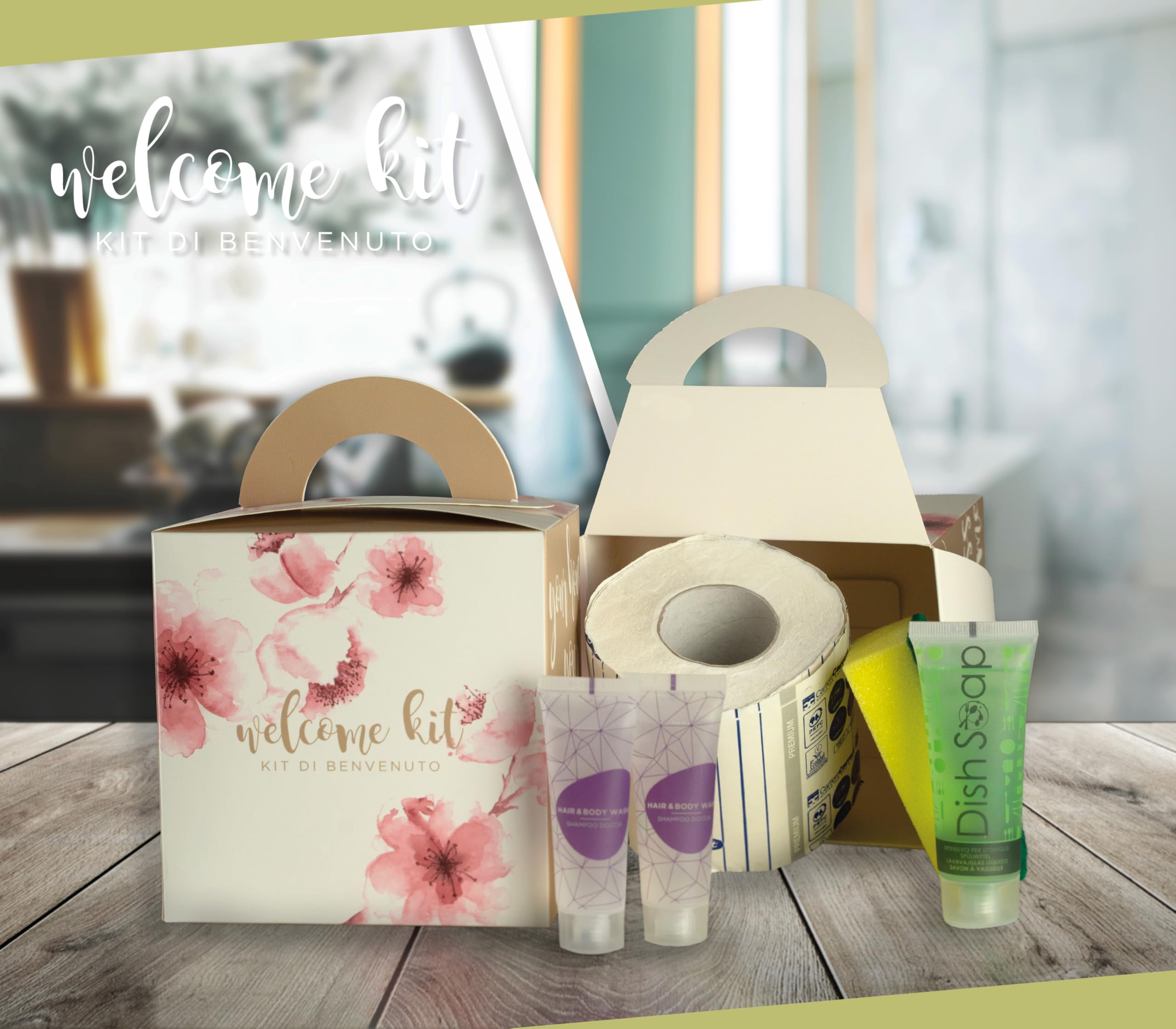PRESENT-MORE - Kit Camping 12 Pièces - Kit Camping Cuisine et Salle de Bain en Boîte - Contenu : Éponge, Liquide Vaisselle, Sac, 2en1 et Papier Toilette - Made in Italy - Idéal pour Camping