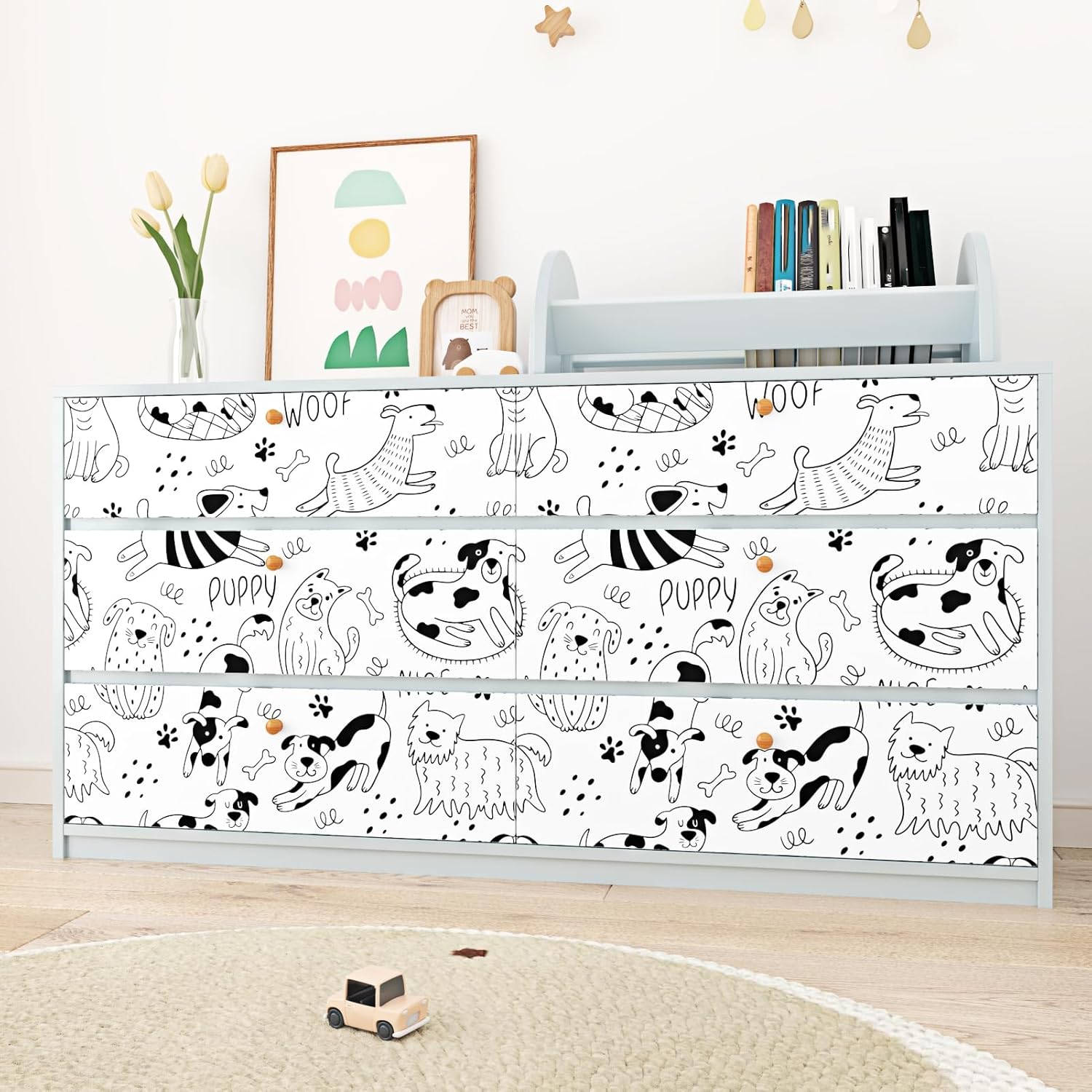 Black and White Dog Wallpaper Peel and Stick White Contact Paper Animal Nursery Wallpaper Fun Puppy Self Adhesive Contact Paper for Walls Kids Room Bedroom Cabinet Liner Dog Decor 17.5"x102"