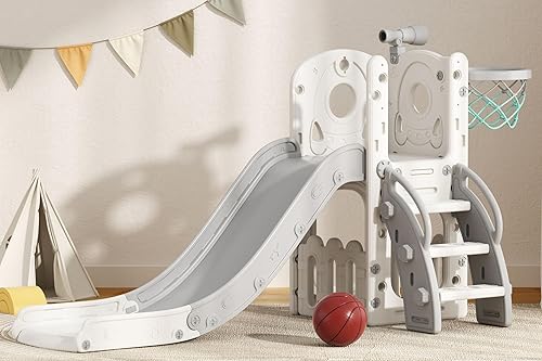 Glaf Juego de tobogán 6 en 1 para exteriores para niños pequeños de 1 a 3 años, tobogán para bebés con aro de baloncesto y espacio de almacenamiento