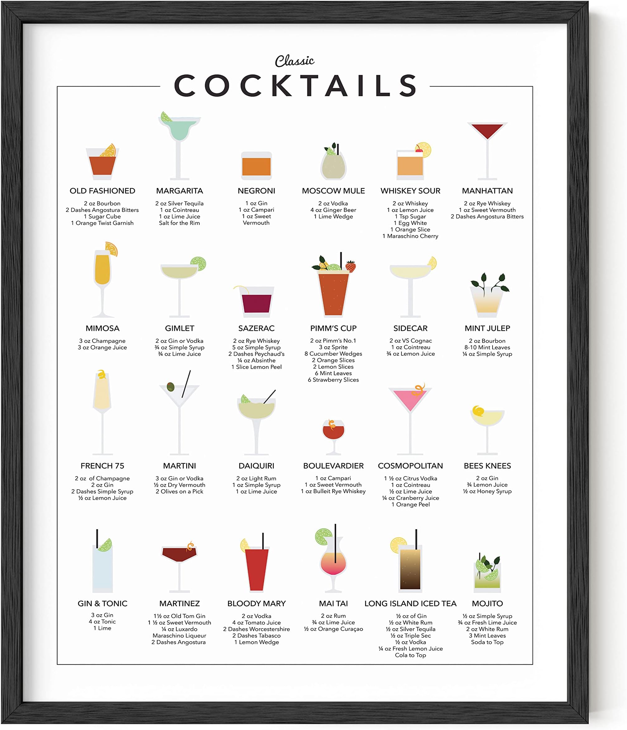 RipGrip Alcohol Framed Wall Art, Menu Bar, Drink Artwork Framed, Bar Decor, Pictures Kitchen Art Décor, College Dorm Posters (Black 16x20)
