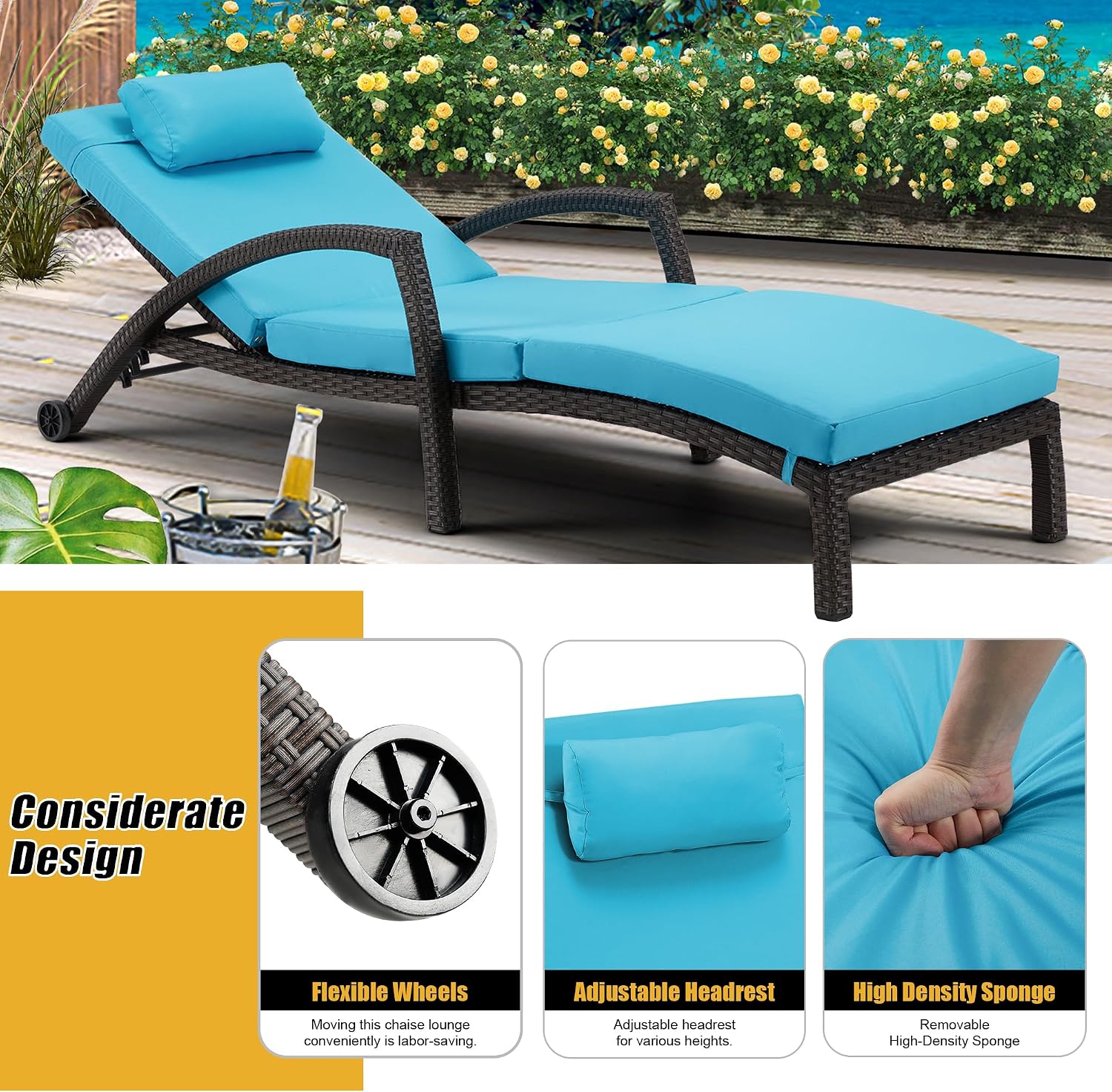 HOMREST Outside Chaise Lounge Chairs Set of 2, Adjustable 5 Position Outdoor PE Rattan Wicker Patio Pool Lounge Chair with Cushion, Arm, Pillow and Wheels for Poolside Backyard Deck Porch,Blue