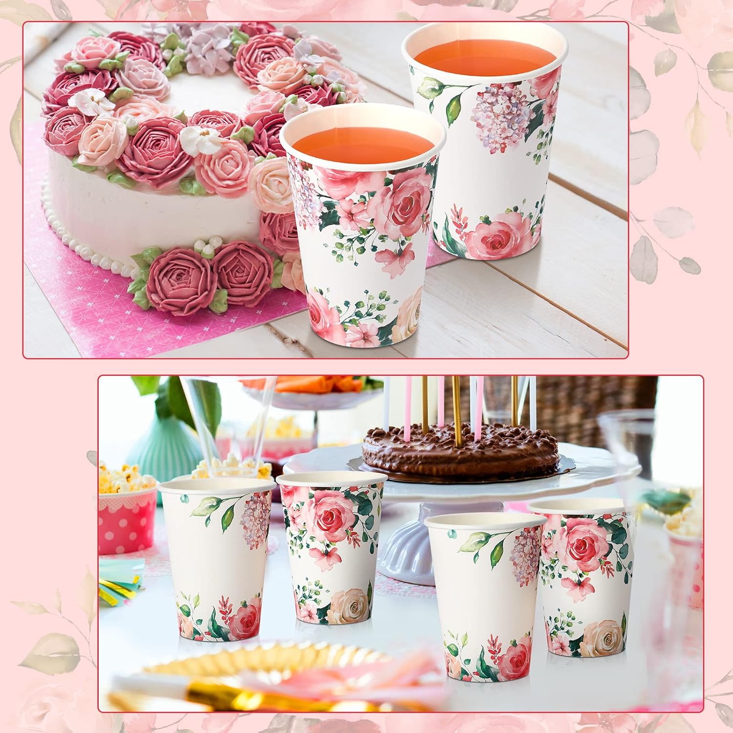 Geiserailie 60 Pcs Floral Paper Cups 12 oz Tea Party Floral Disposable Cups for Baby Shower Girl Decorations Bridal Wedding Shower Pink Flower Party Supplies - Image 4