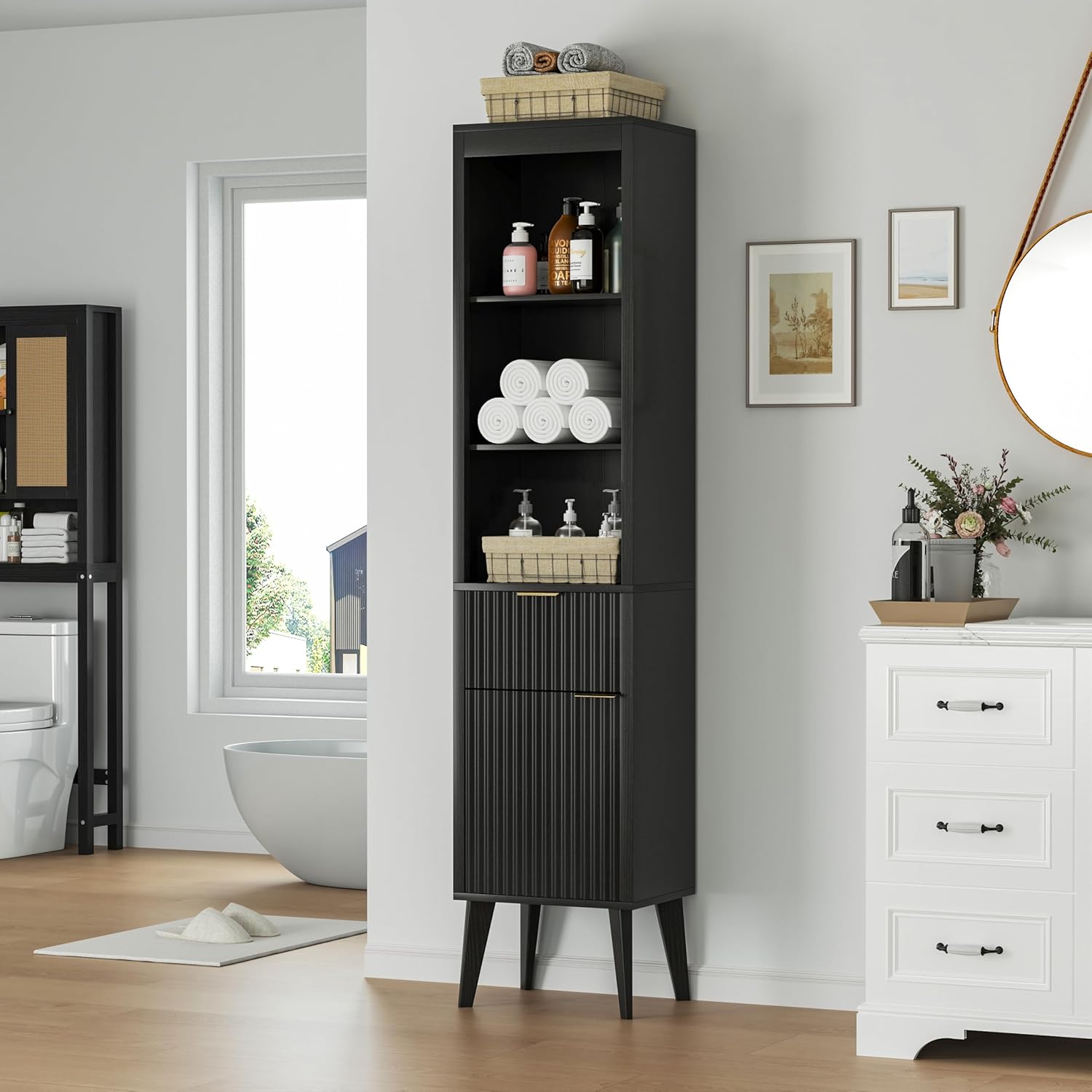 70" H Tall Storage Cabinet, Fluted Freestanding Floor Organizer for Bathroom, Kitchen Pantry, Utility Room, w/Drawer & Adjustable Shelves, Modern Accent in Black
