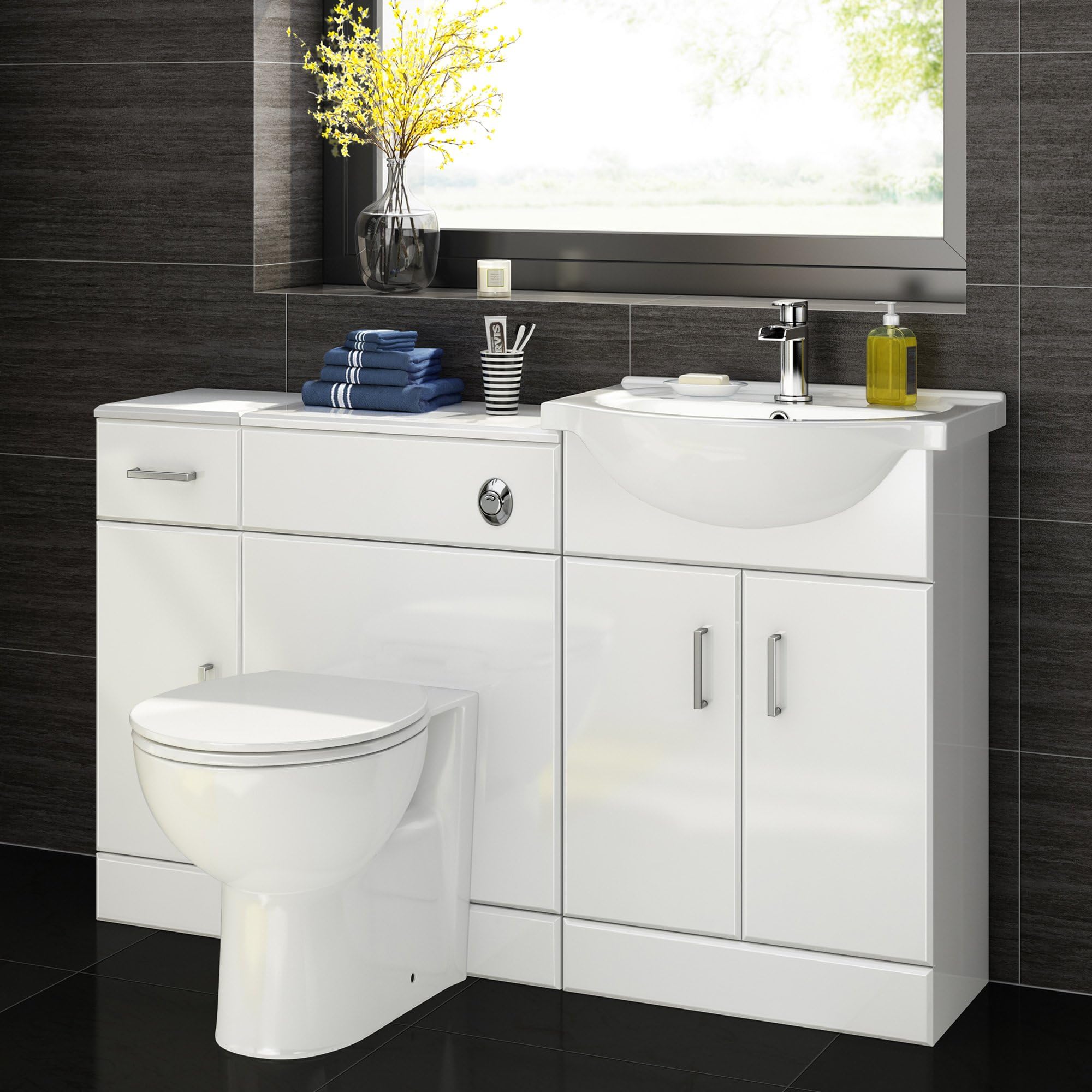 1200 mm White Gloss Bathroom Vanity Furniture Basin Unit + Back to Wall Toilet