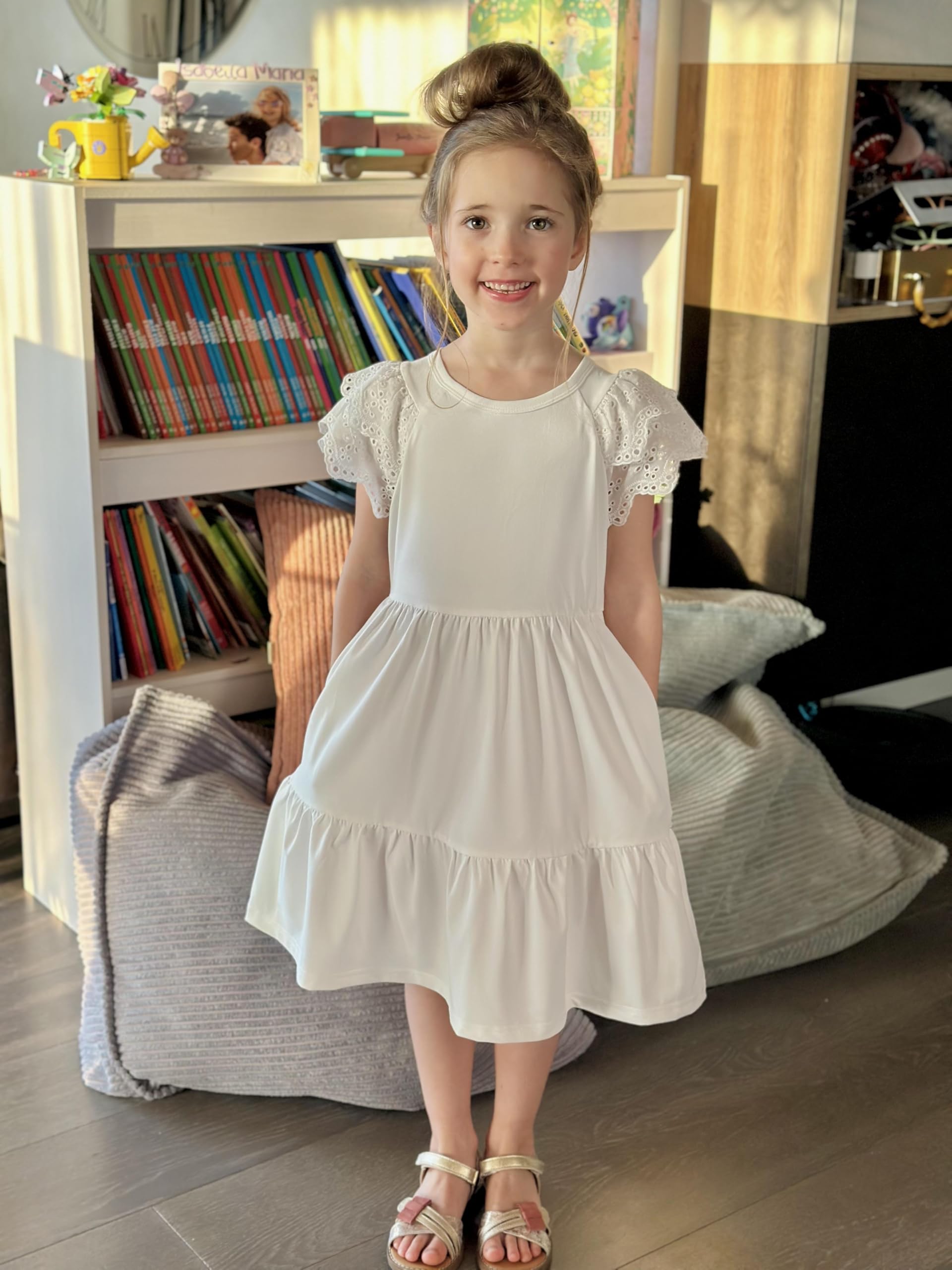 Arshiner Robe d'été en dentelle à manches courtes et col rond pour enfants, robe midi festive décontractée, robe de soirée tendance de couleur unie avec poche, 6 à 14 ans