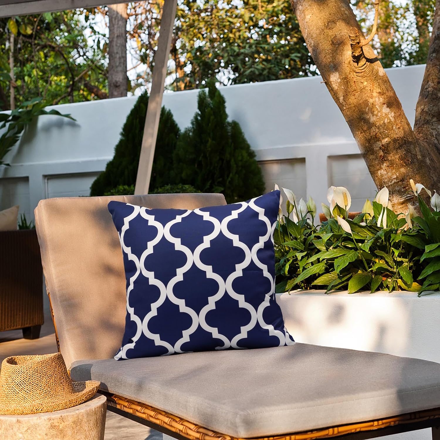 Pack of 2 Outdoor Waterproof Throw Pillow Covers 18x18 Navy Blue and White Throw Pillow Covers Outdoor Pillows Covers for Patio Furniture Garden Balcony Sunbrella Outside(No Pillow Insert)