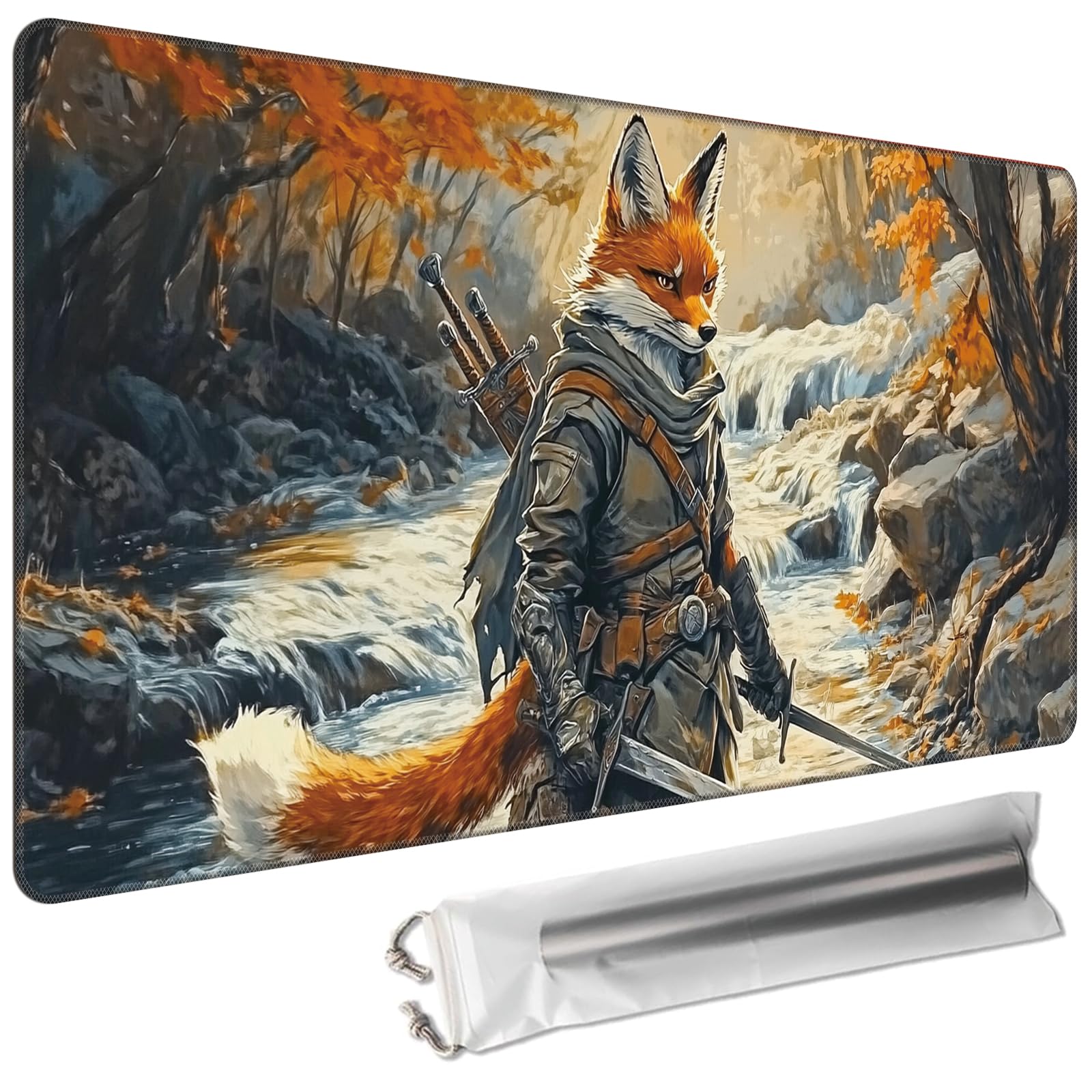 Cdkfxjy MTG Playmat 24 x 14in Includes Storage Bag,TCG Playmat with Soft Surface Premium Non-Slip Rubber Backing Stitched Edges Durable Gaming Mat,Fox Knight