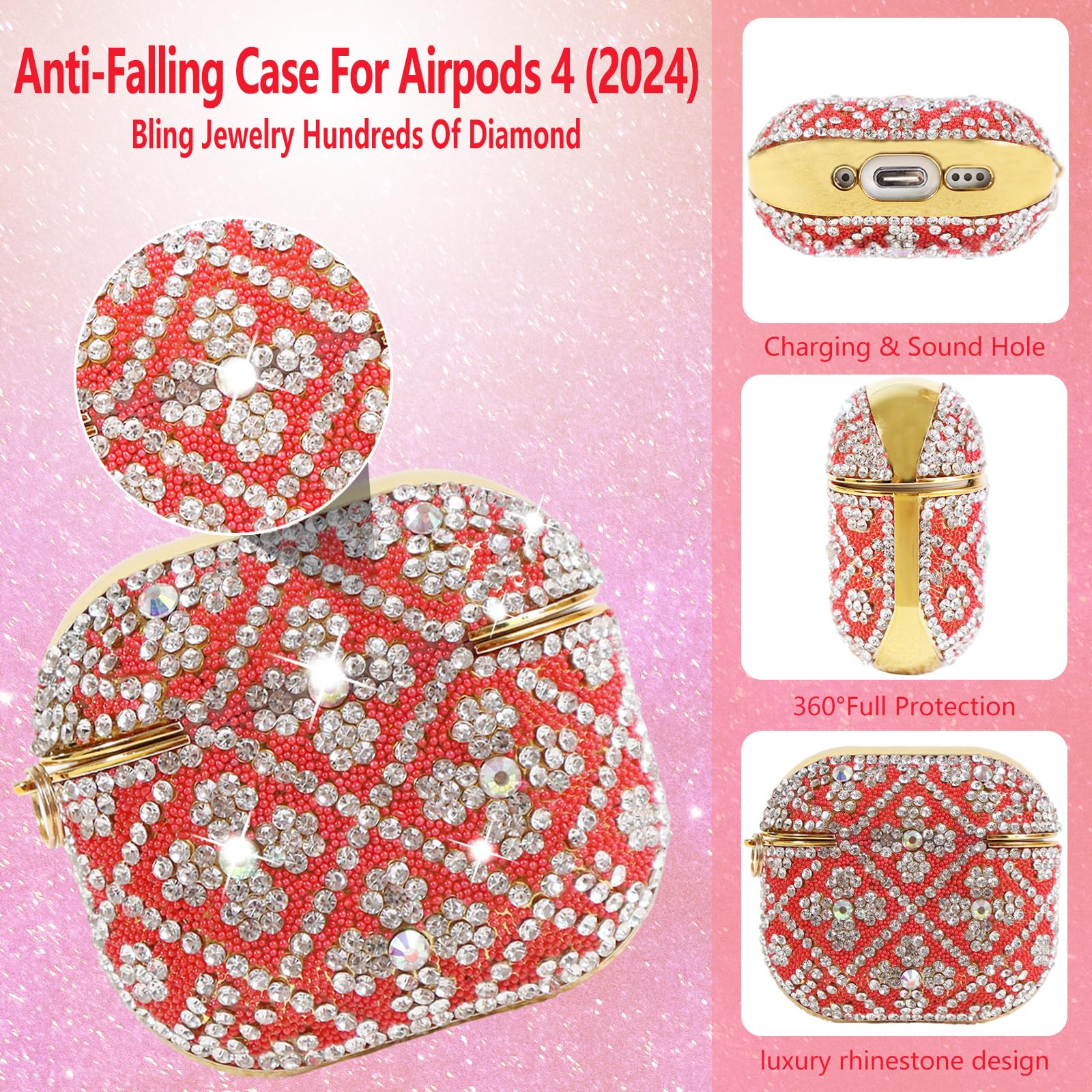 Funda compatible con AirPods 4 (2024), funda protectora con diamantes de imitación para AirPods de 4ª generación con bonito llavero brillante para mujeres y niñas (rojo)