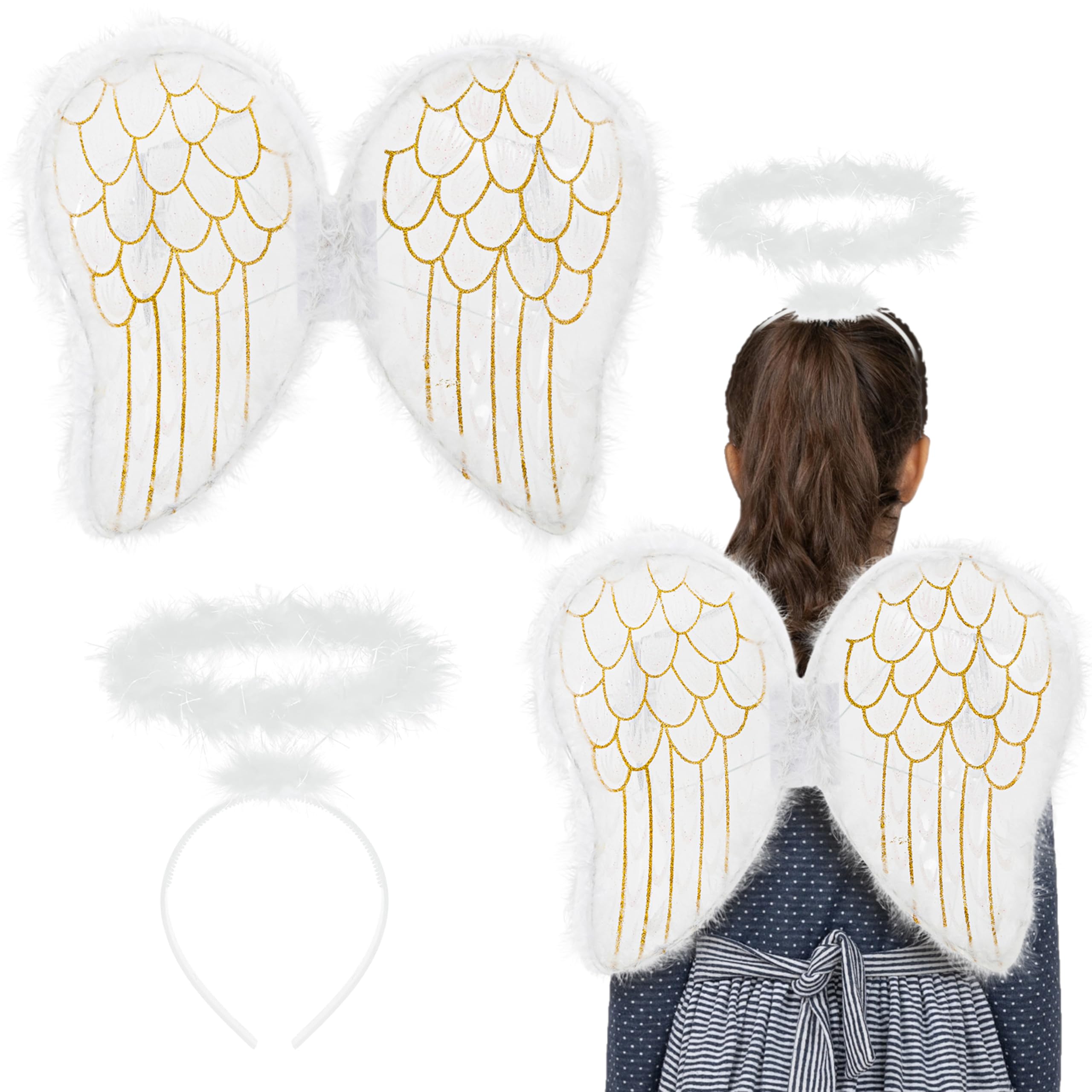 White & Gold Glitter Wings and Fluffy Halo
