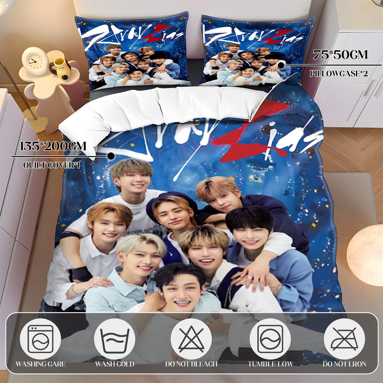 Set Biancheria Da Letto Stay Kids, Set Copripiumino Stay Kids 135 x 200 cm, Federa Cuscino 75 x 50 cm 2 Pezzi, per Fan del Gruppo Musicale Maschile Coreano