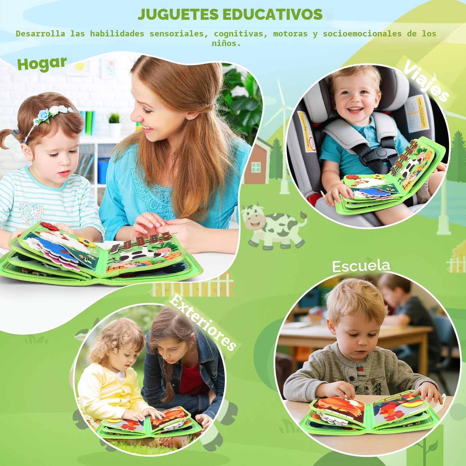 TOSAVGA Juguetes Montessori 1 año, 20 en 1 Busy Board Libro Montessori Interactivo Sensoriales Juguetes para Niños 1 2 3 4 años, Juegos Educativos Niños 1 2 3 Años, 10 Páginas Animales Granja