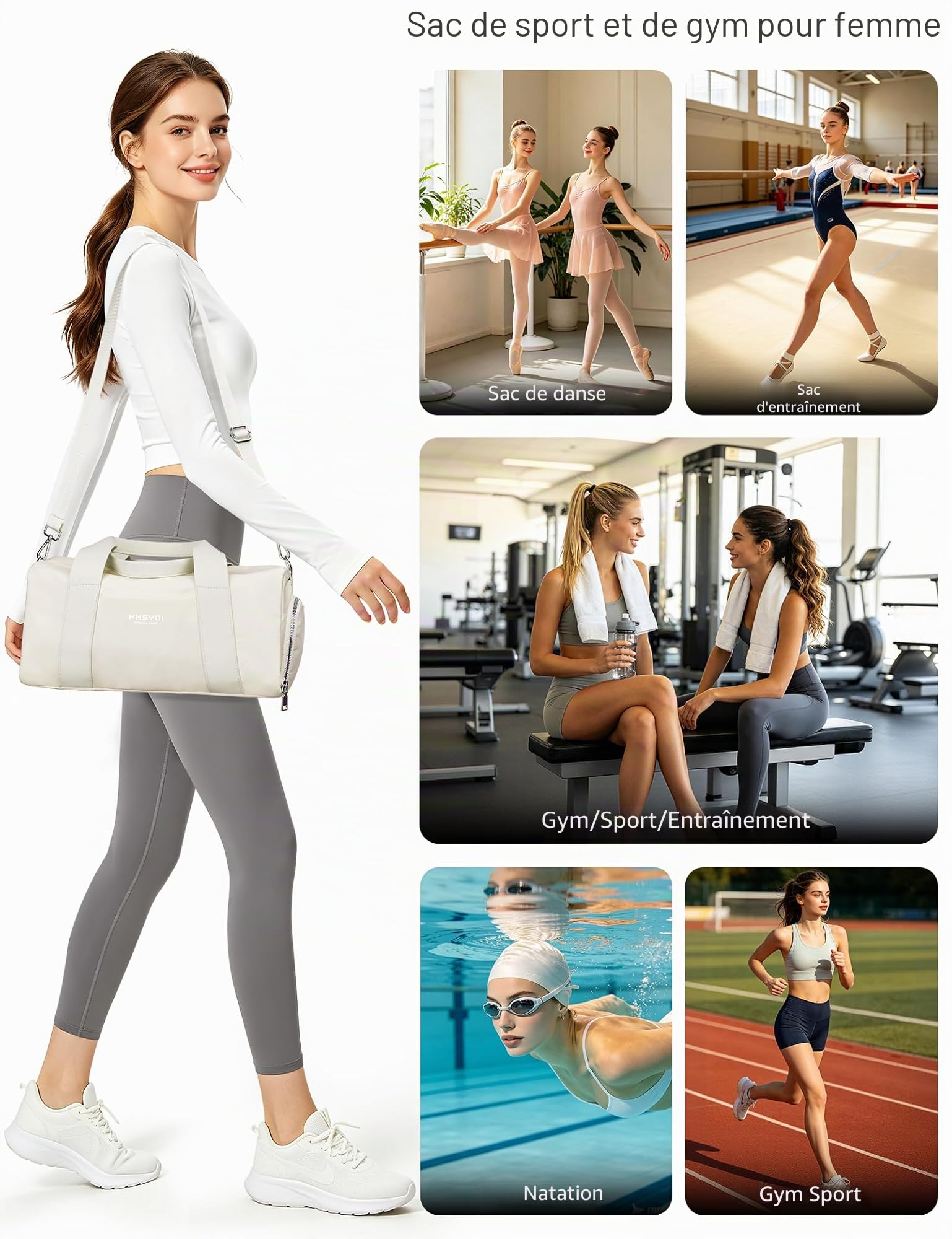 Sac de Sport et Voyage 16 Pouces avec Compartiment Chaussures Poche Imperméable Femmes Enfants Beige 40x19x20 cm 15L