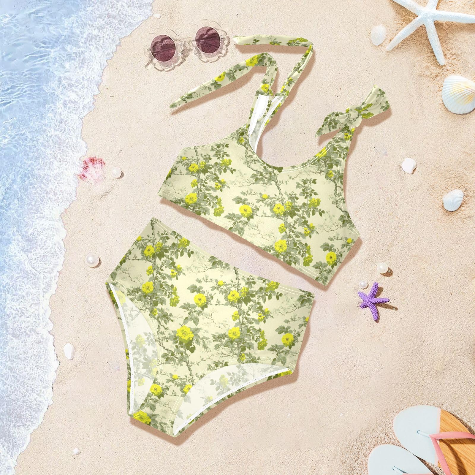 Flowers with Leaf Girls Two Piece Tankini Swimsuits Summer Bathing Suit Beach Swimwear Set, 11-12T