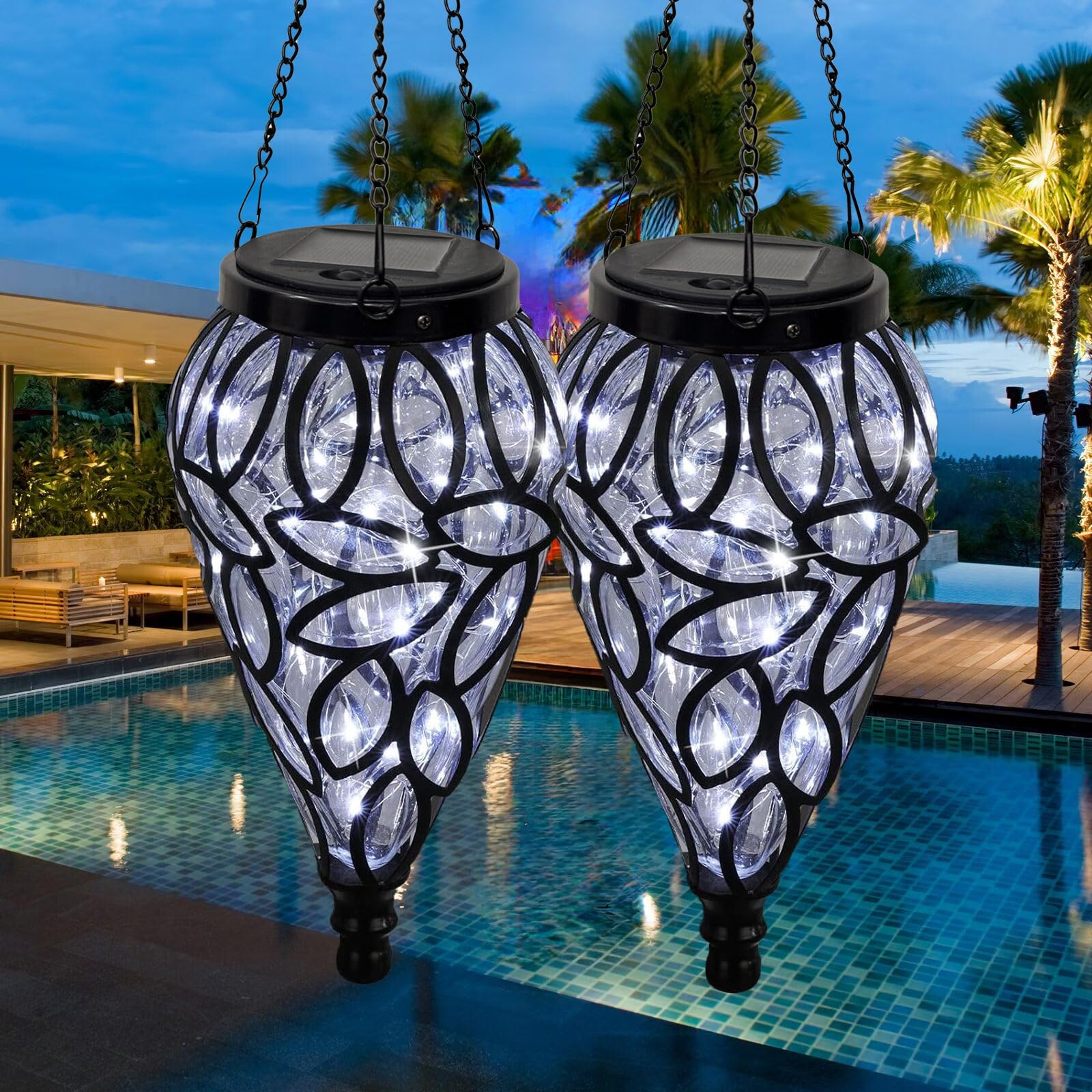Solar-Hängelaterne für den Außenbereich, Solarlaternen, dekorativ, für den Außenbereich, reißförmig, 15 LEDs, kaltweiß, Hängeleuchten mit S-Haken, Dekoration im Garten, Hof, Weg, transparent