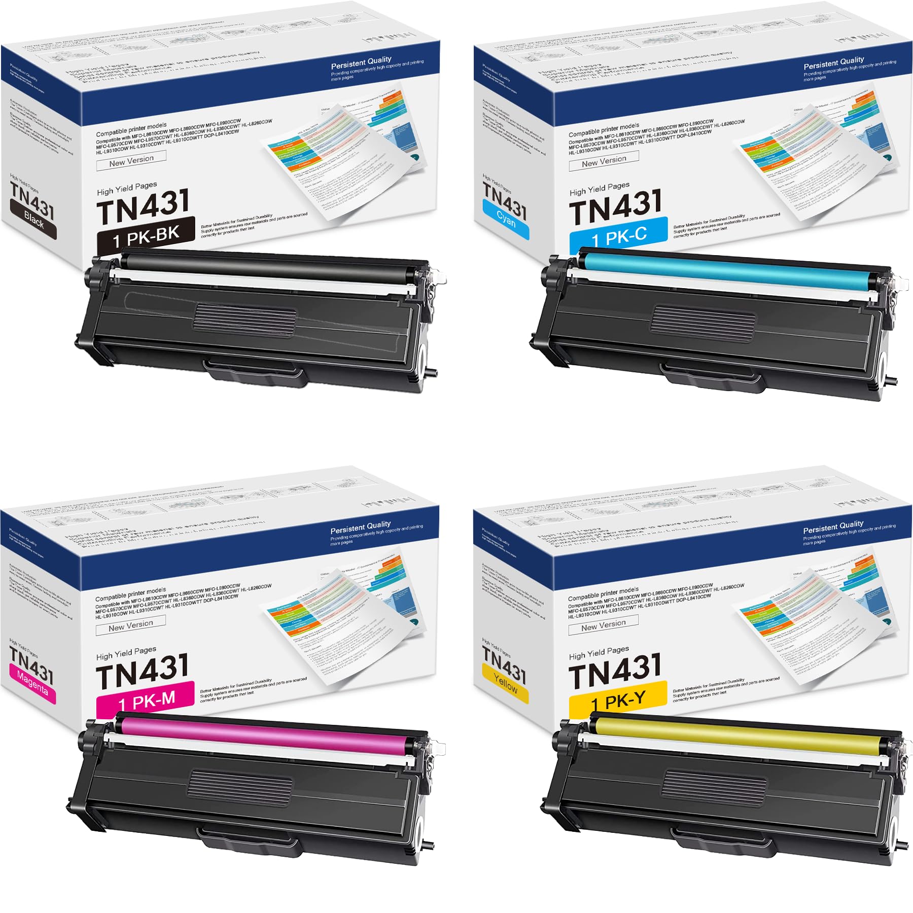 TN431 Toner Replacement for Brother TN431 4-Color Toner Cartridge Set Compatible with MFC-L8900CDW MFC-L8610CDW HL-L8260CDW HL-L8360CDW HL-L8360CDWT