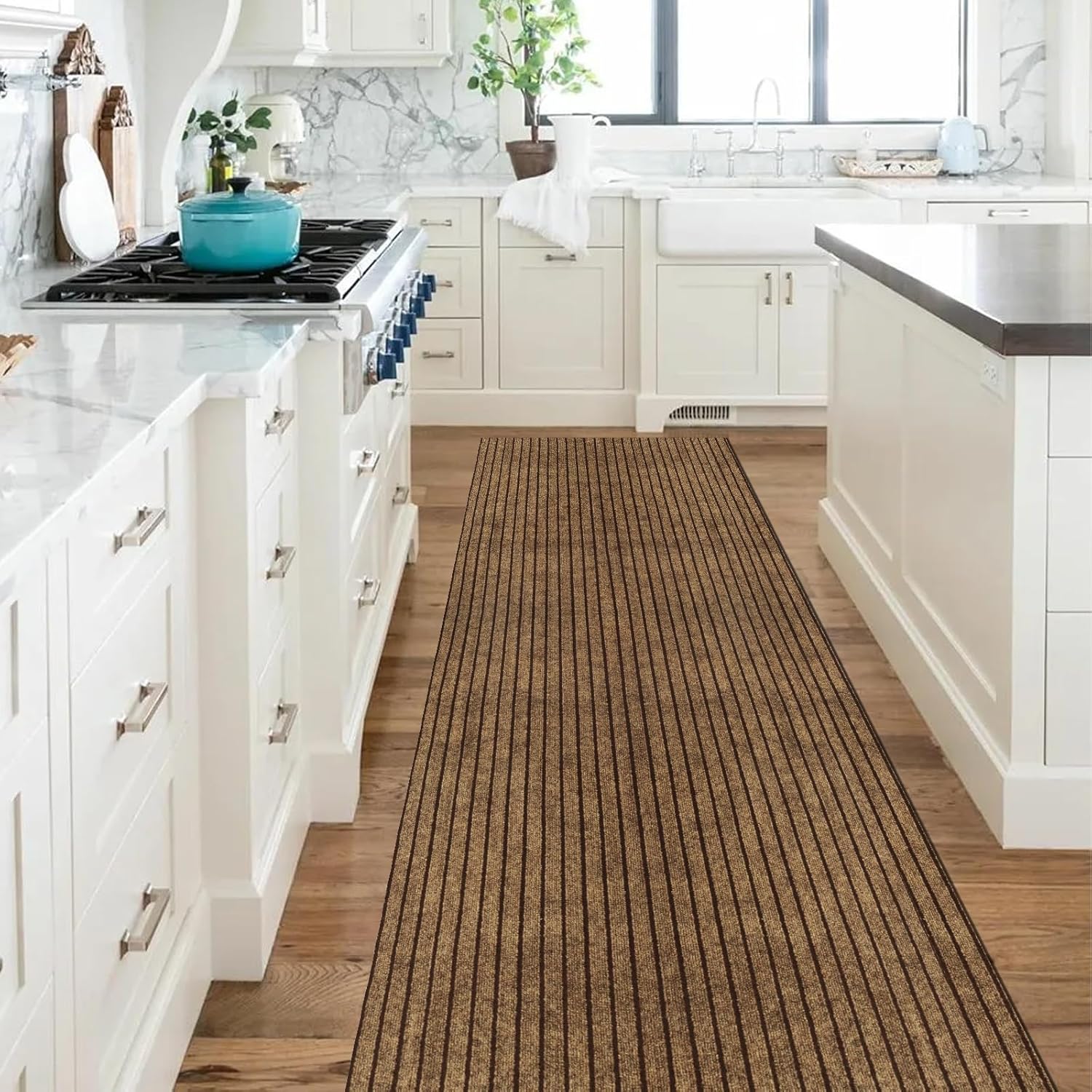 Runner Rug 2 ft x6 ft, Outdoor/Indoor Rug with Rubber Backing Non Slip for Hallway, Kitchen, Patio, Laundry, RV, Entryway, Garage, Bathroom, Area Rug Carpet, Brown Stripes, Customizable
