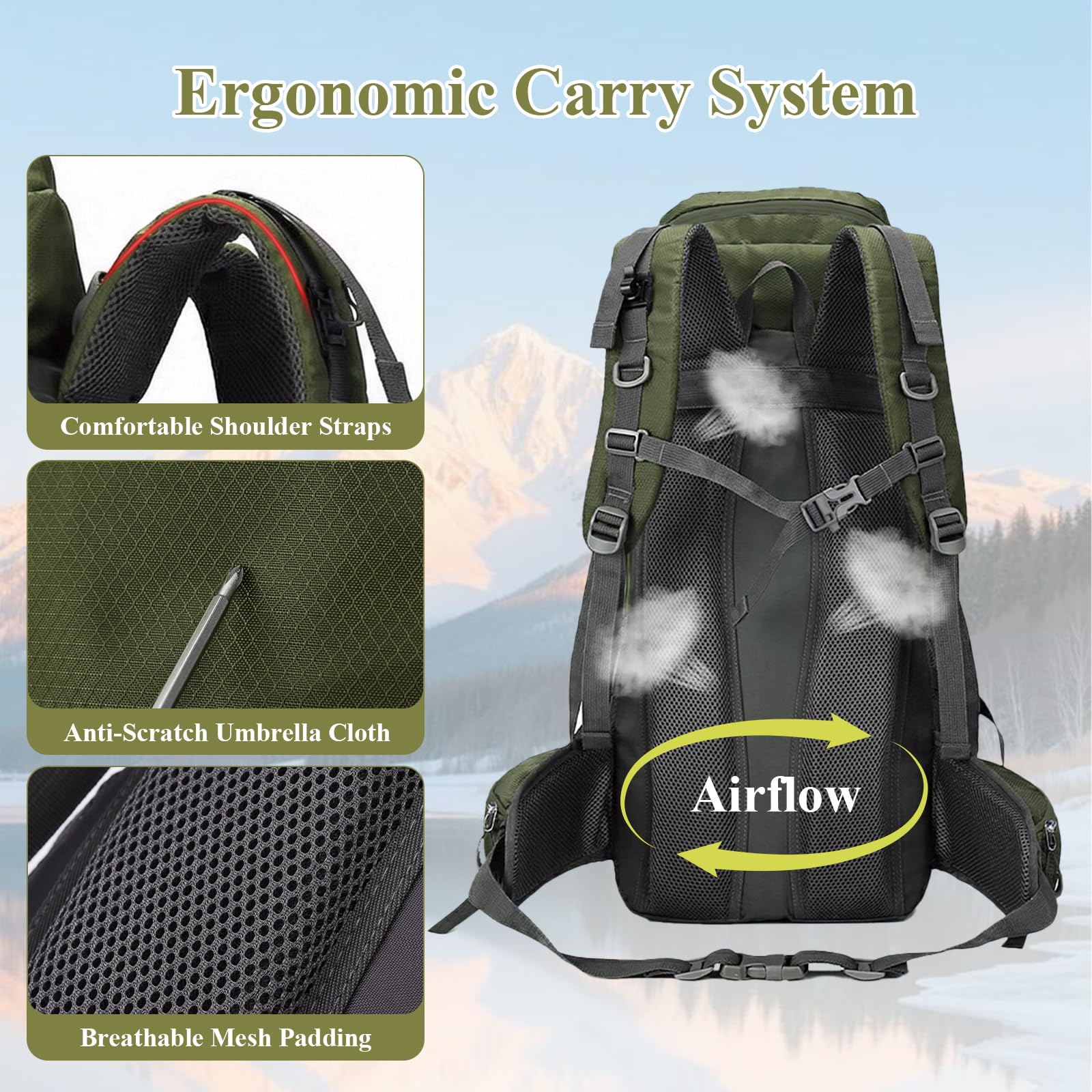 Zaino da escursionismo impermeabile da 60 l, leggero, da campeggio, sportivo, da viaggio, con copertura antipioggia, per alpinismo, escursionismo, viaggi, attività all'aperto, verde, L