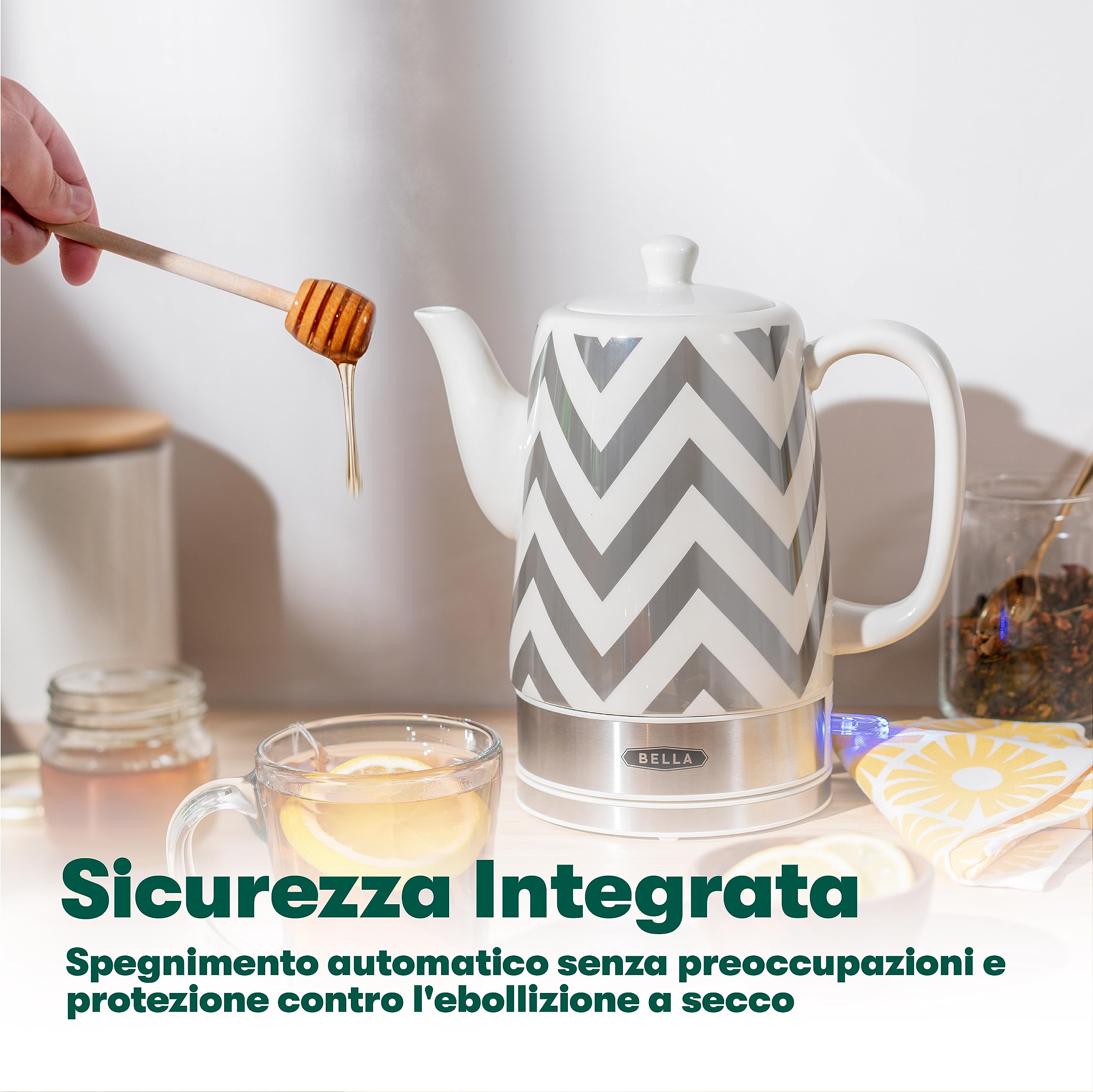bella Bollitore Elettrico e Teiera in Ceramica con Base Girevole Rimovibile, Spegnimento Automatico e Protezione contro l'Ebollizione a Secco,1,5 L, Chevron Argento