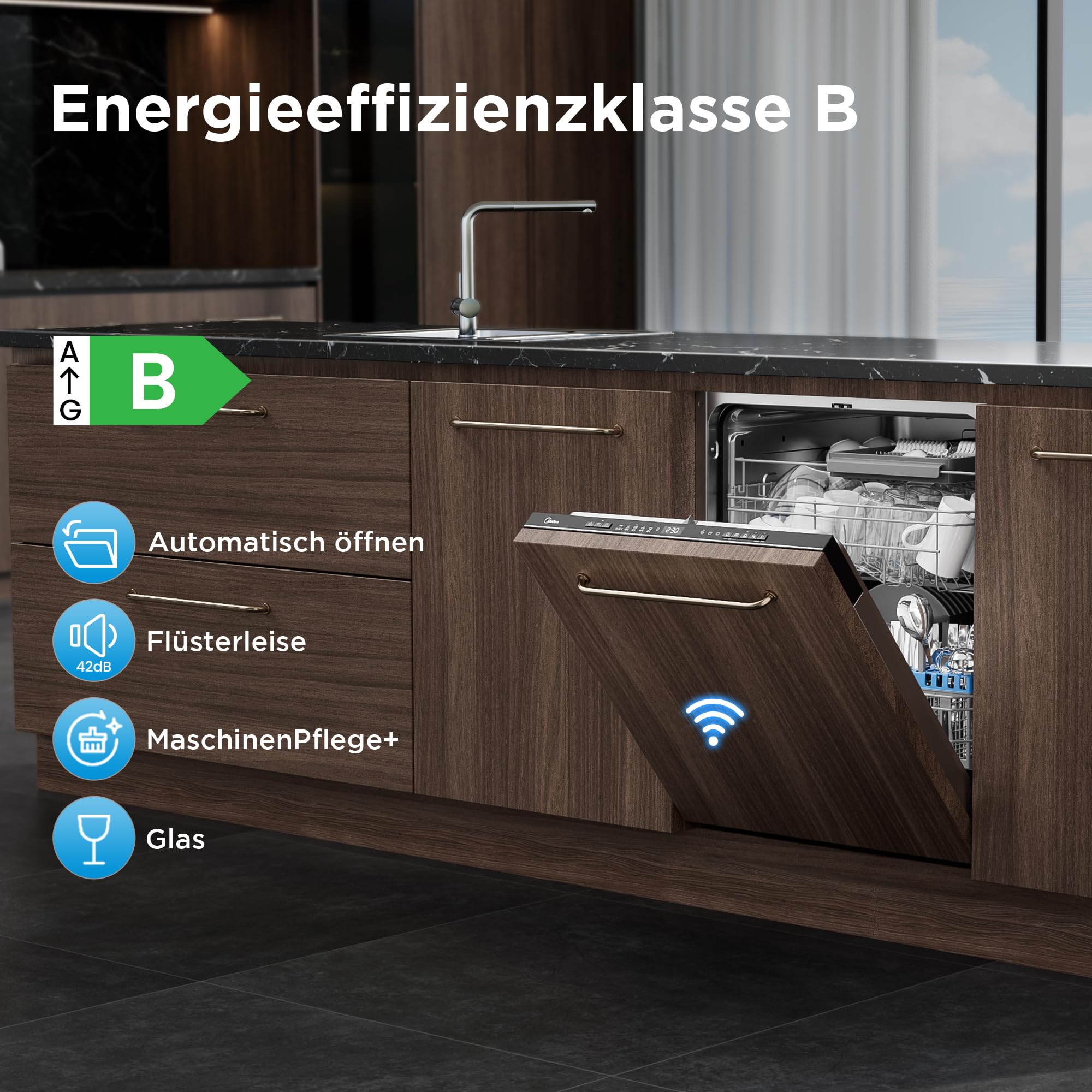 Midea Vollintegrierter Geschirrspüler 60 cm, 15 Maßgedecke, 42dB Leise, Startzeitvorwahl 24h, 9 Programme, Ion Dishfresh, Automatische Önung, Spülmaschine mit WiFi, MDWEB1503MB-EB