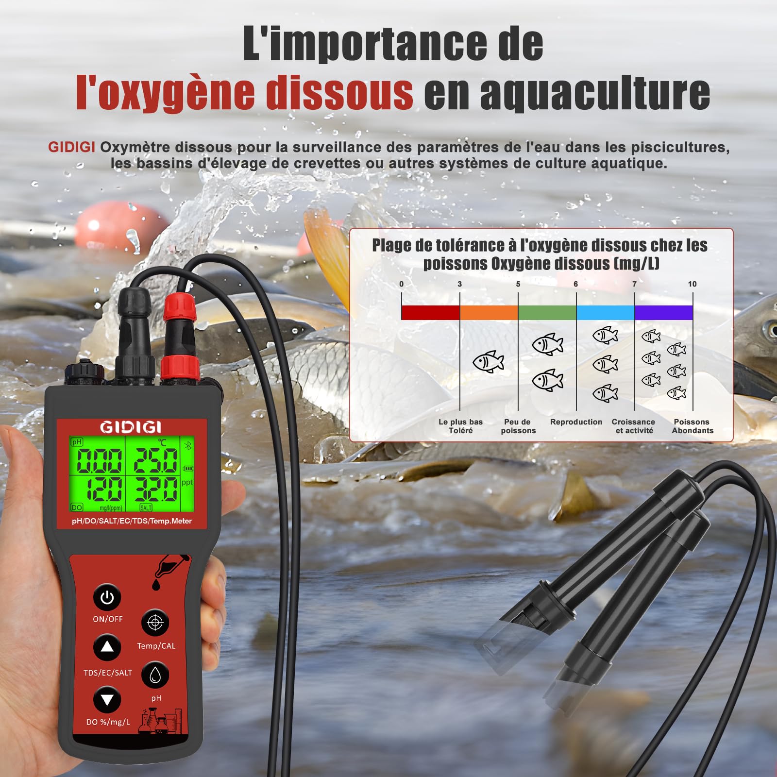 Compteur d'oxygène dissous dans l'eau, pH-mètre intelligent 6 en 1 DO, testeur portable pH DO Salt EC TDS pour étang de Koi, aquaculture, moniteur d'environnement