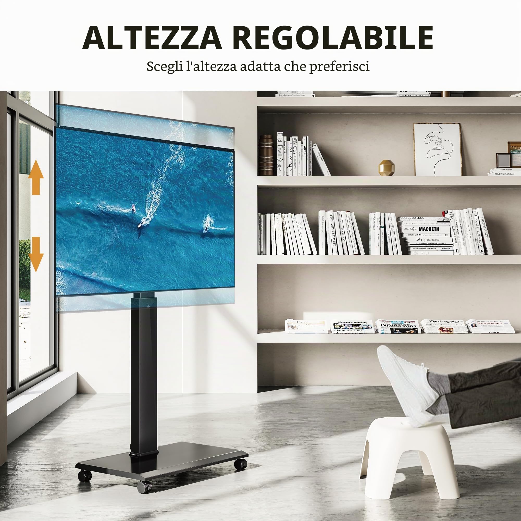 FITUEYES Carrello Porta TV con Ruote per 32-75 Pollici, Orizzontale e Verticale Supporto TV da Pavimento e Metallo Base, 40° Girevole & 7 Altezza Porta TV da Terra Max VESA 600x400mm Portata 40kg