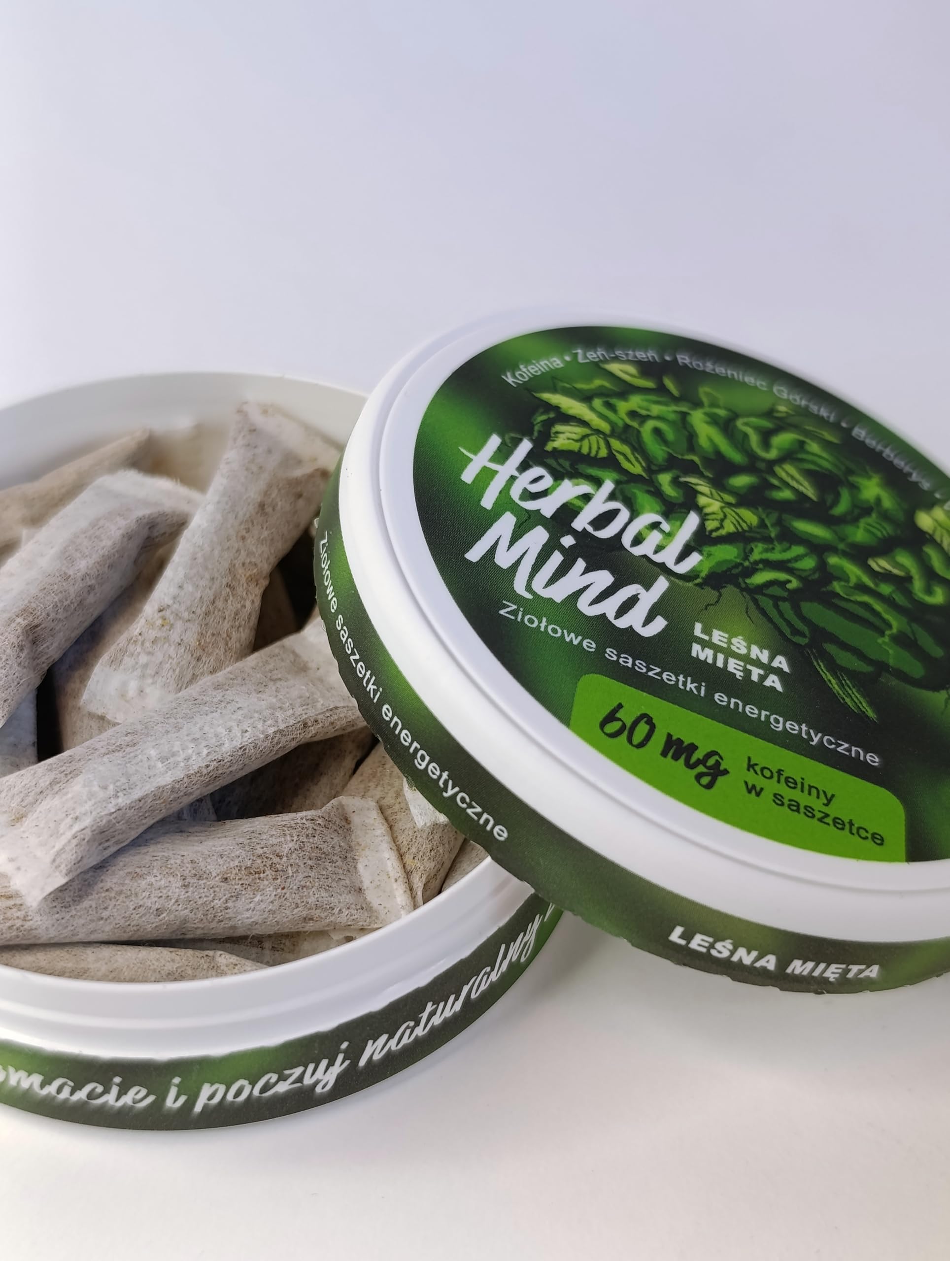 HerbalMind Ziołowe saszetki energetyczne kofeina, kanna Starter Pack 4 smaki. Snusy kofeinowe z adaptogenami bez nikotyny. Woreczki energetyczne Herbal Pouches Żeń-szeń, Rózeniec górski, snus