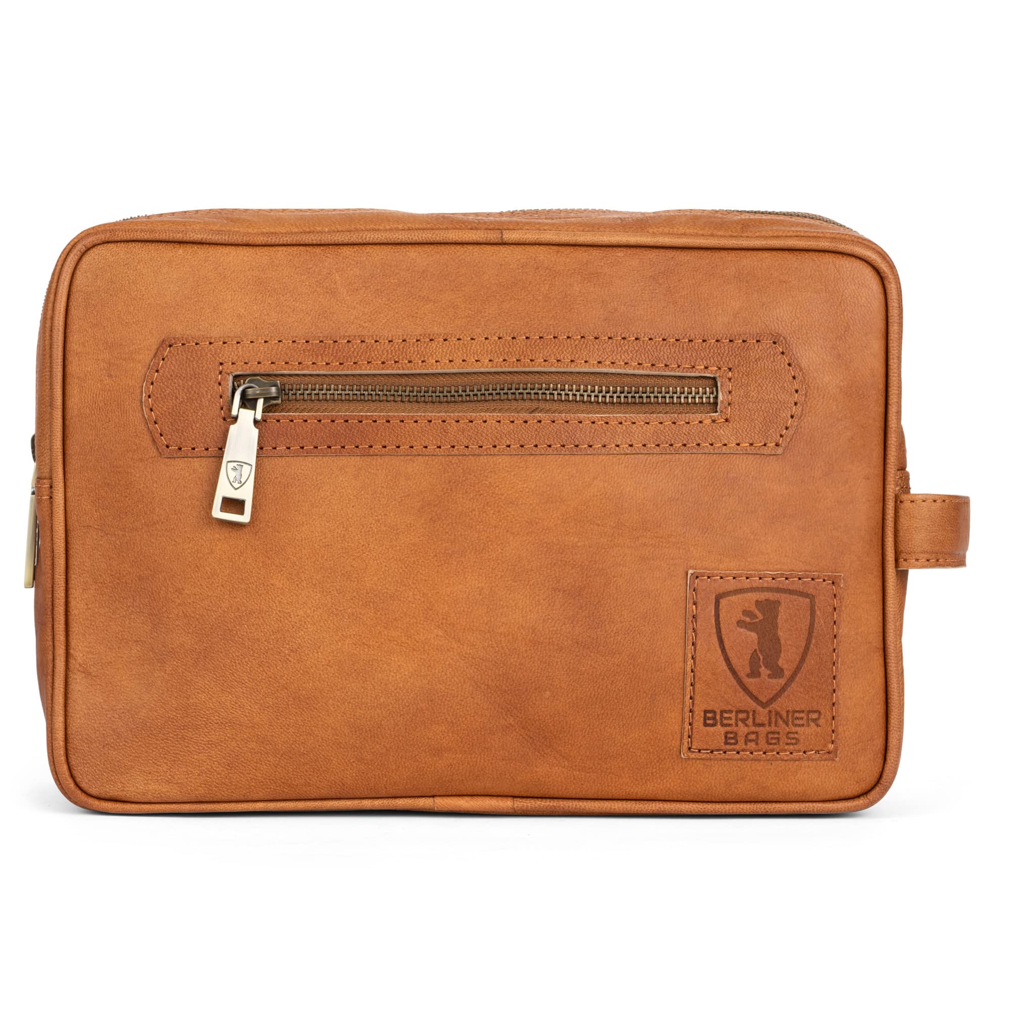 BERLINER BAGS Vintage skórzana kosmetyczka Paul, etui na kosmetyki dla mężczyzn i kobiet na podróż - brązowa, 2 przegródki, 11" x 7.5" x 3.9", Vintage