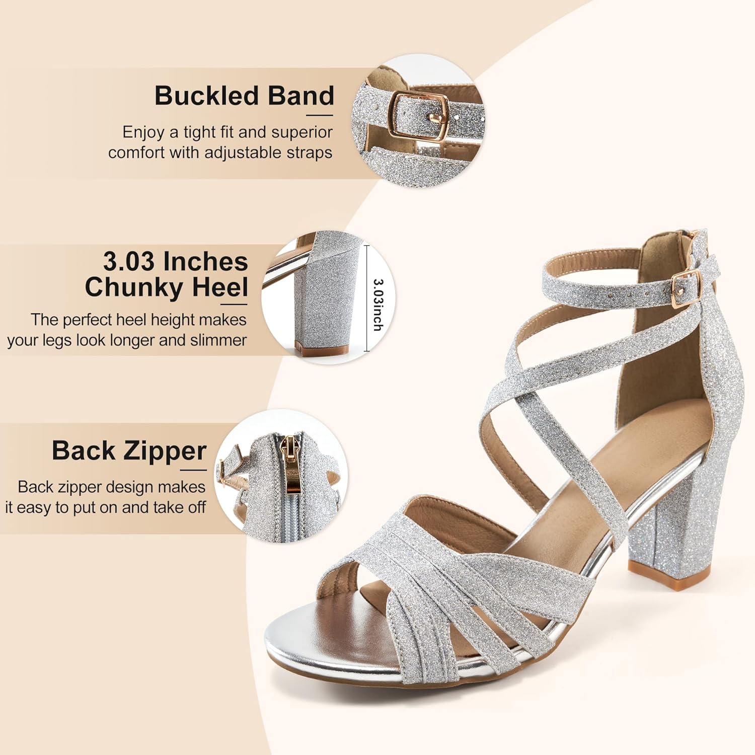 Ecetana Womens Heels Sandals Dressy: Chunky Strappy Block High Heels for Wedding Party Summer Comfortable Walking Shoes - Image 4