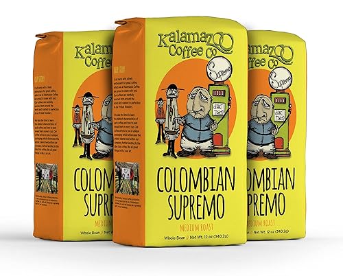 KALAMAZOO COFFEE COMPANY Colombian Supremo - Café en grano entero, tostado medio, bolsa de 12 onzas (paquete de 3)