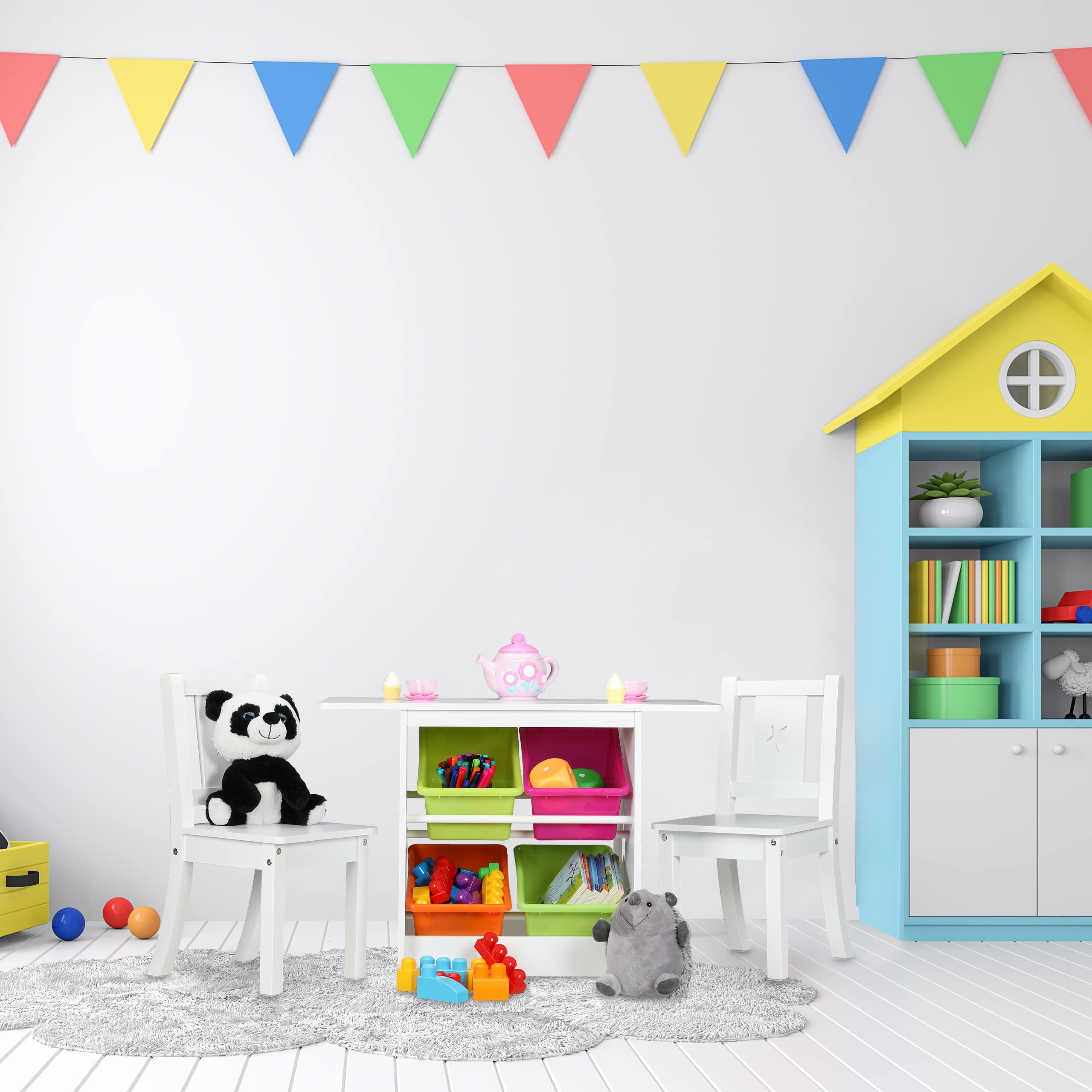 Relaxdays Tavolino con 2 Sedie per la Cameretta dei Bambini, 4 Box Portagiochi, Arredamento per Bimbi e Bimbe, Bianco