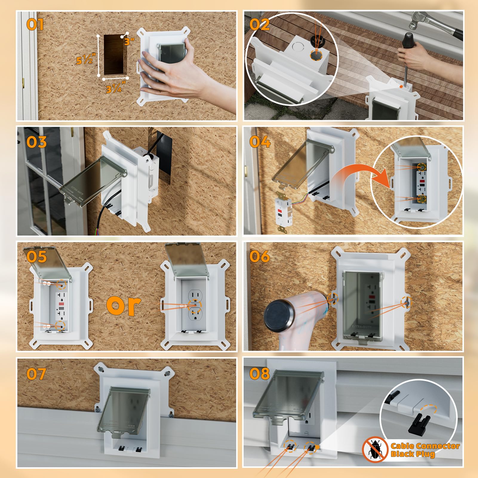 DBVS1C-1 Boîte de prises électriques à profil bas – Kit de plaque murale pour revêtement en vinyle – Lot fermé résistant aux intempéries avec couvercles de style duplex et décorateur, 1 bande