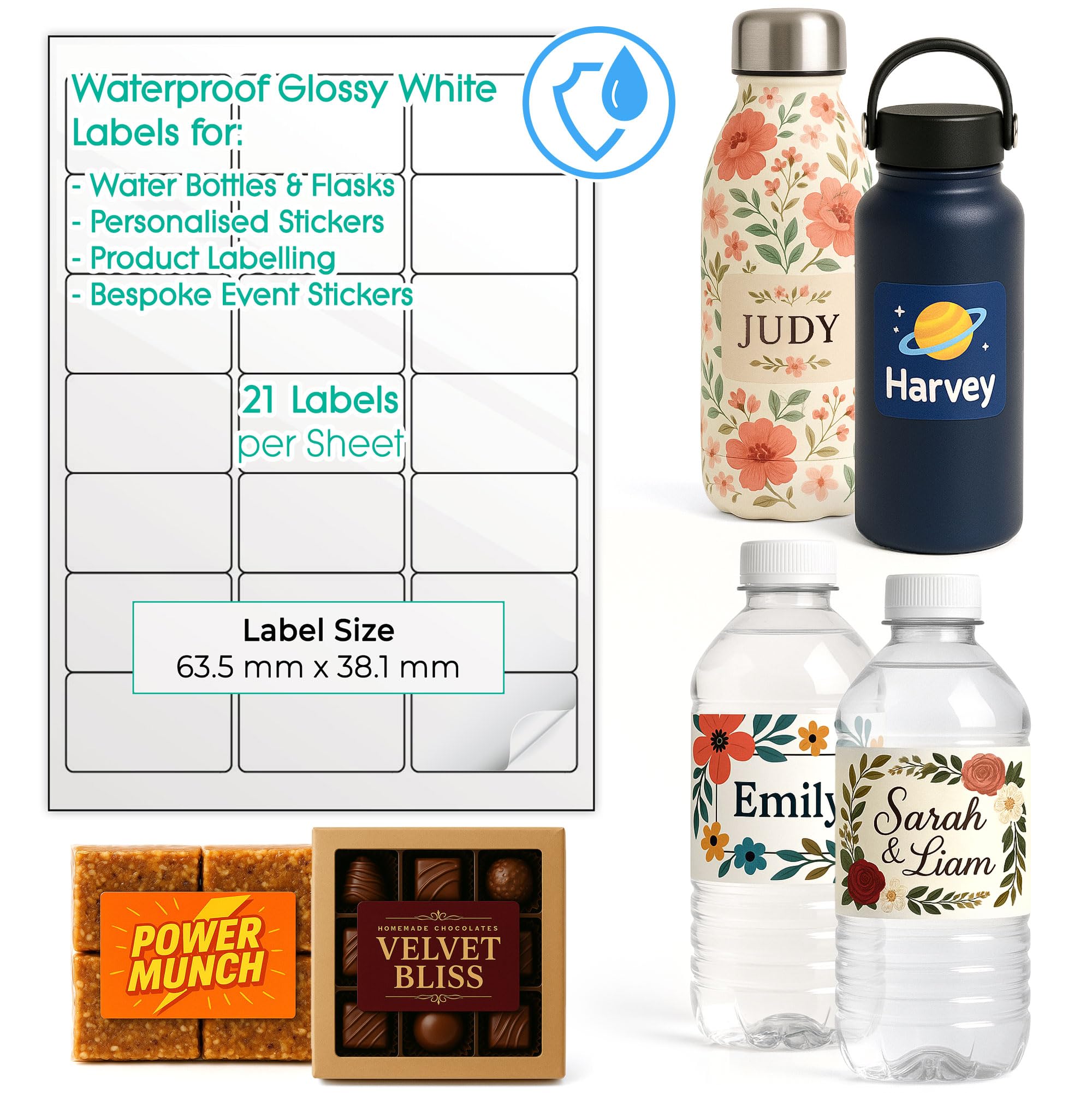 210 Waterproof Printable Labels for Water Bottles (Glossy White, 3 x 7 (21 per Sheet)) – Custom Design Stickers for Small Business – Multiple Sizes Self Adhesive A4 Sheets – Inkjet & Laser Printable