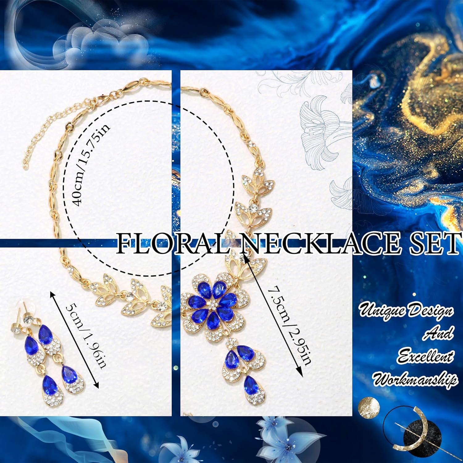 Gold Blue Jewelry Set Diamond Black Flower Teardrop Necklace Earrings Rhinestone Crystal Wedding Prom Formal Trendy Jewelry Accessories for Brides Women - Image 3