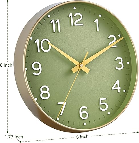 Miniatura 8 de Reloj de pared verde, silencioso, funciona con pilas, 8 pulgadas, moderno, analógico, sin tictac, decorativo, para cocina, oficina, baño, dormitorio