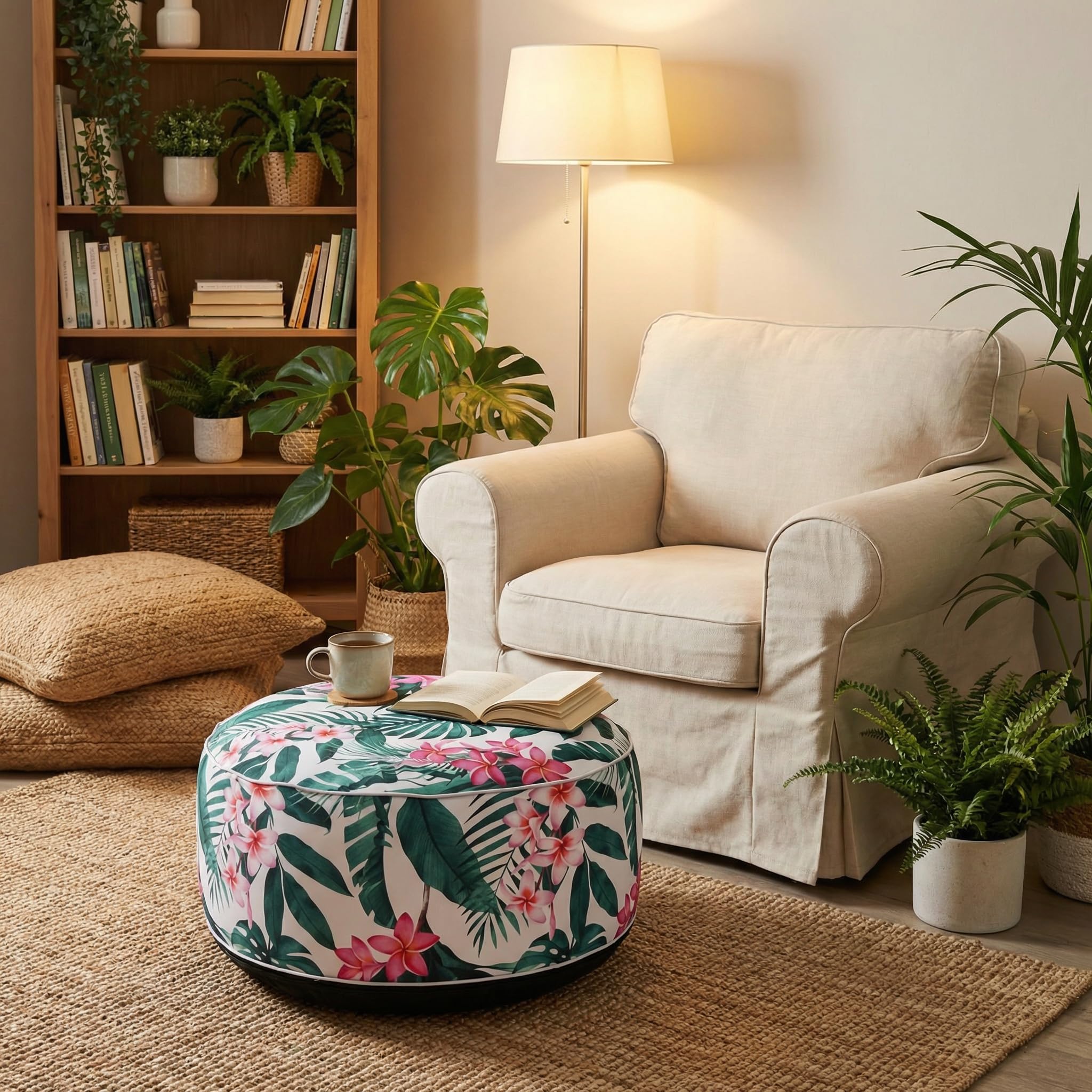 MIJOMA Pouf gonfiabile Ø 55 x 25 cm - Leaves with Flower - Poggiapiedi leggero per soggiorno e balcone - Impermeabile - Pouf e poggiapiedi