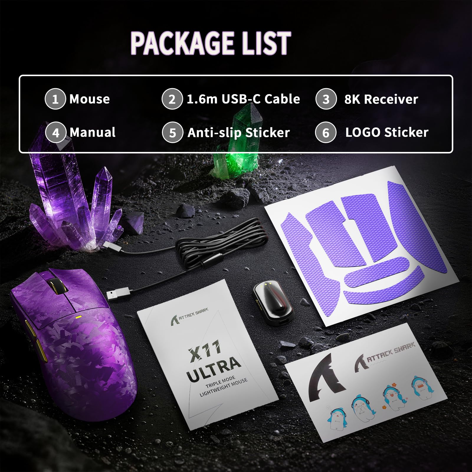MAMBASNAKE ATTACK SHARK X11 ULTRA Mouse Gaming Wireless Fibra di Carbonio con Grip Tape, Nordic 54L15, PAW3950MAX, 42000 DPI, Dual 8000Hz, 63g Leggero, Dongle Pinna Squalo, Piedi Doppio Strato, Viola