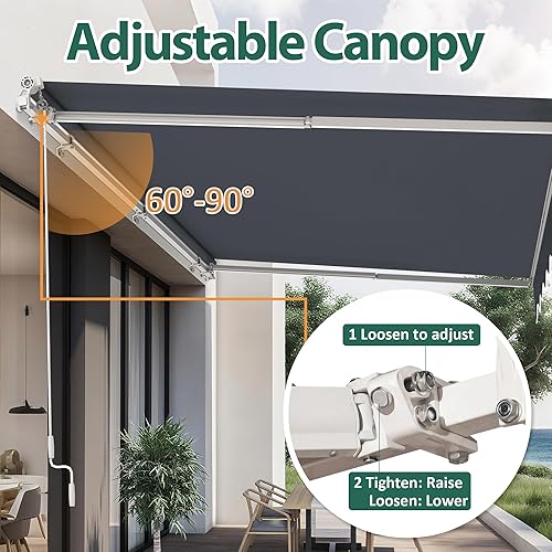 Miniatura 7 de MCombo. Toldo retráctil manual para puerta de patio o ventana de 10 x 8 pies. Toldo exterior, parasol, refugio., gris