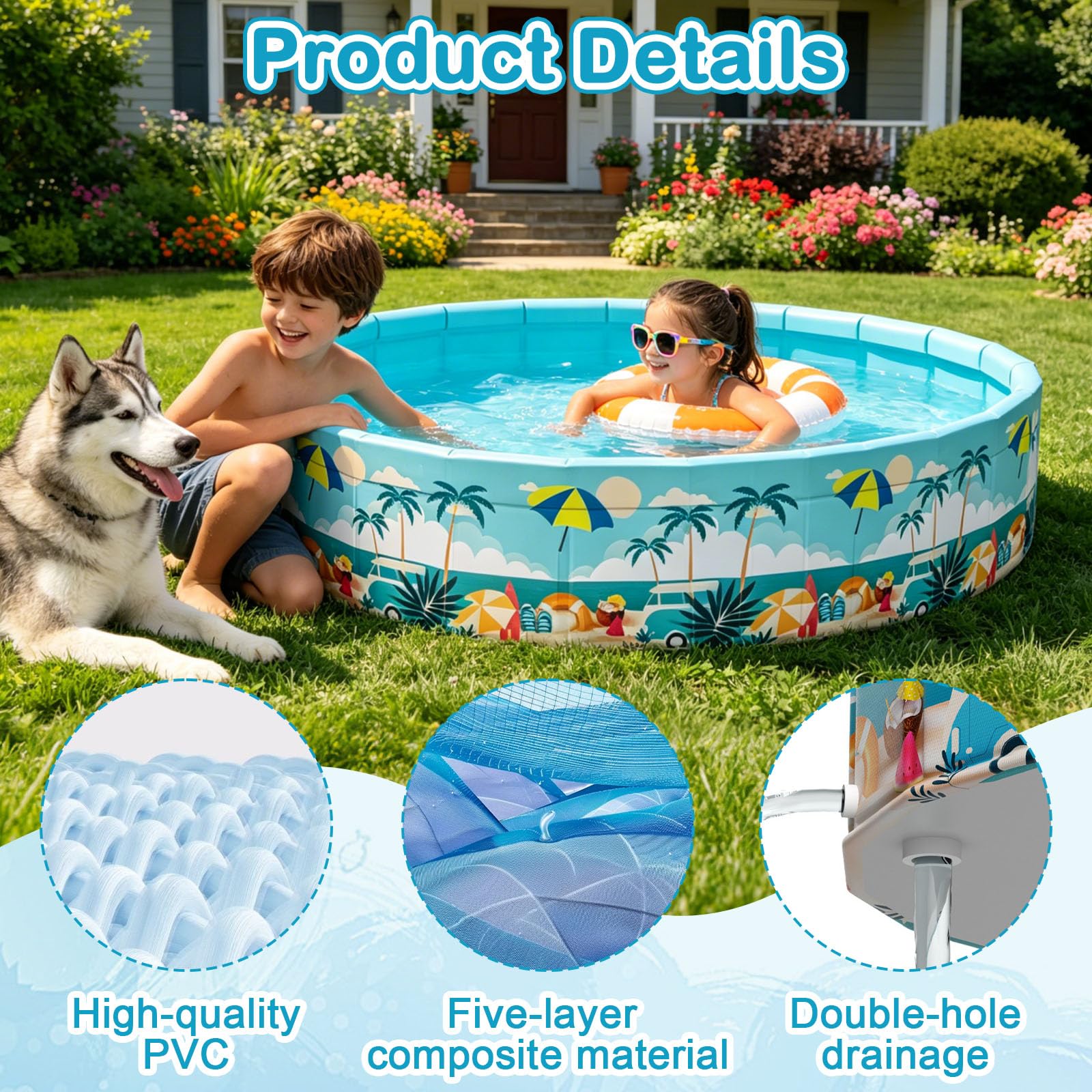Planschbecken Groß Verdickt PVC, 90x90x45 cm,Extra Großer Outdoor-Faltbarer Pool,Hundepool, Rutschfester Boden, Kein Aufpumpen Erforderlich, Schnelle Entwässerung
