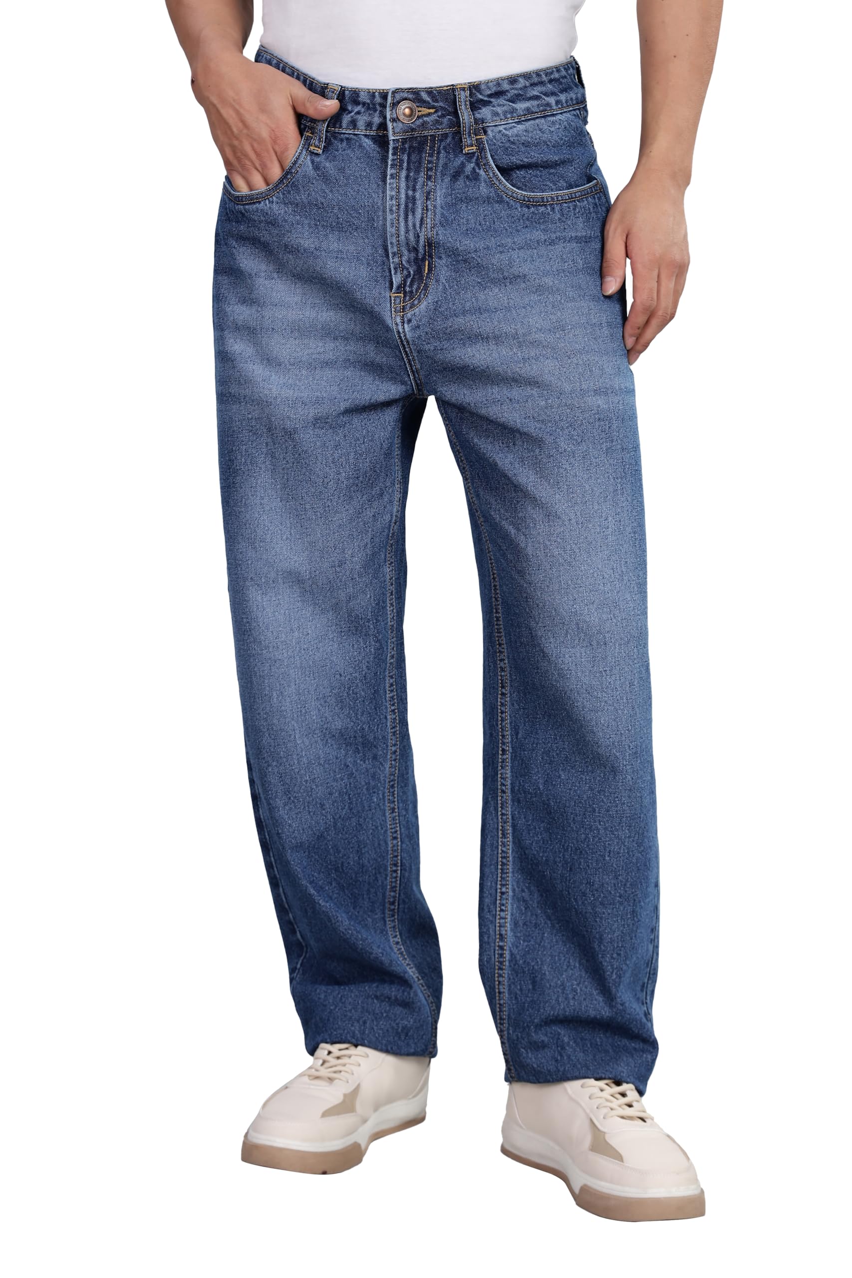 INKD Jeans da uomo classici rilassati - Vita media | 100% cotone | 5 tasche | Jeans larghi da uomo