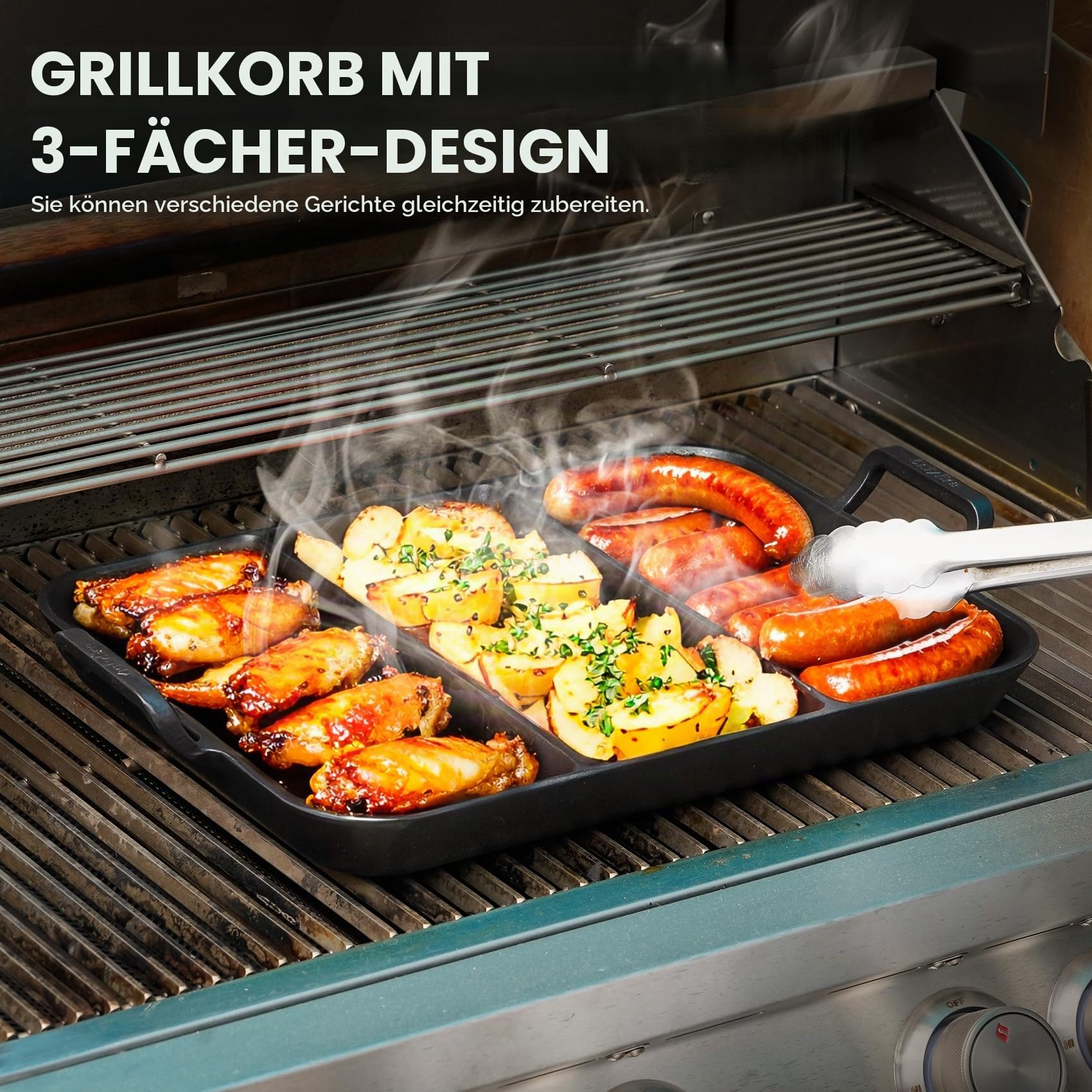 Onlyfire Gusseisenpfanne mit Griff, Gusseisen Grillplatte mit 3 Grillzonen, rechteckige Grillpfanne zum Kochen von Gemüse, Speck, Würstchen, Steak, Brot backen, Geeignet für Grill, Backofen, Herd
