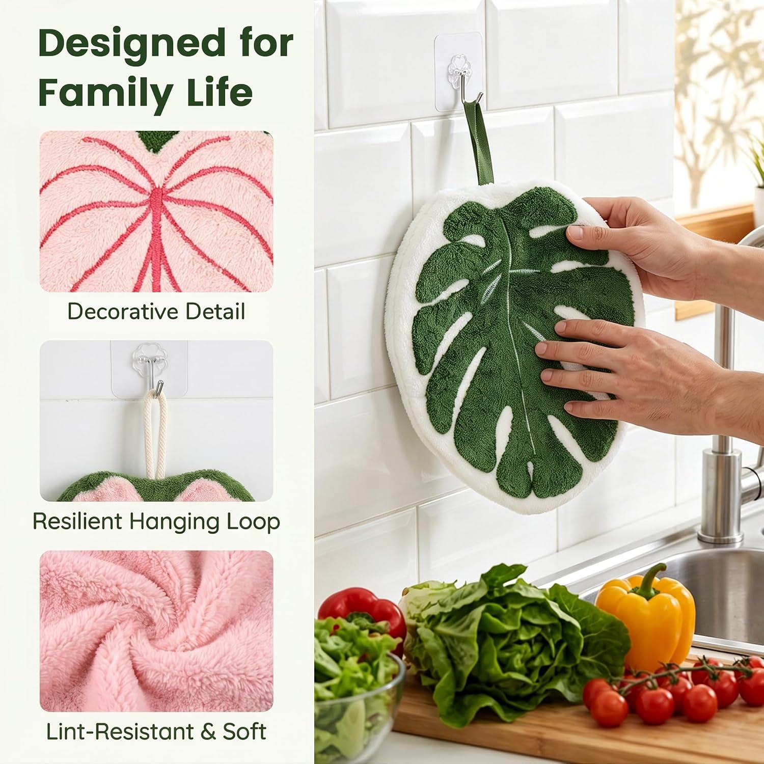 5 Pcs Cute Leaf Shaped Hanging Hand Towels with 5 Hooks,Cute Kitchen Towels | Soft Absorbent Coral Fleece Towels with Hooks, Tropical Plant Decorative Towels for Kitchen Bathroom Home